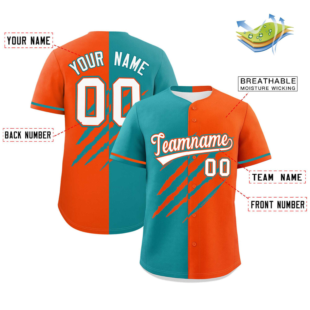 Custom Aqua Orange Split Tiger Claw Scratch Pattern Baseball Jersey