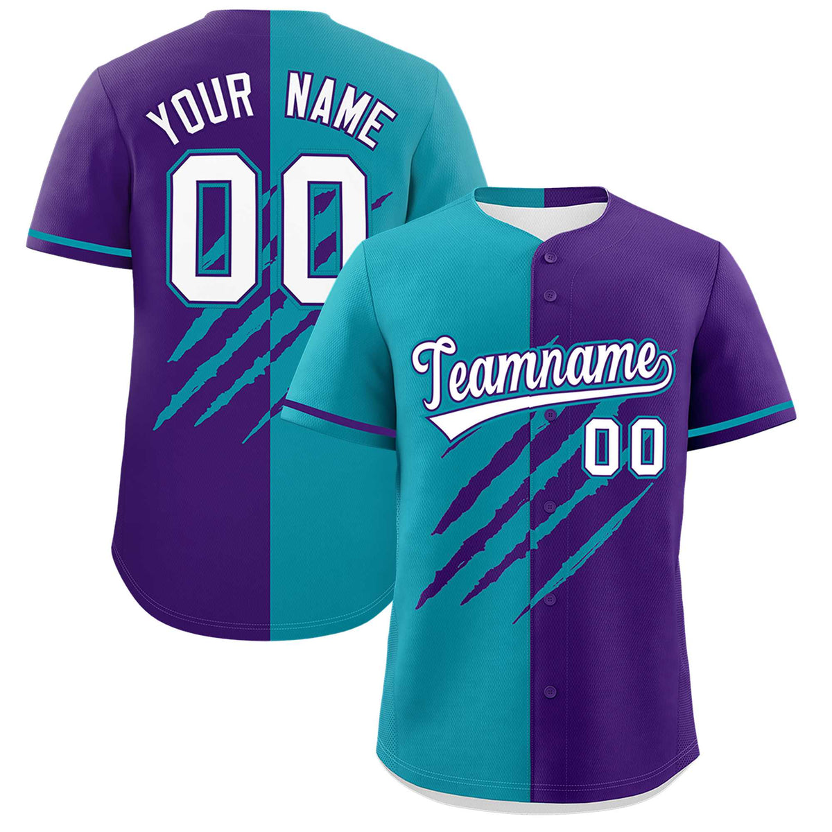 Custom Aqua Purple Split Tiger Claw Scratch Pattern Baseball Jersey