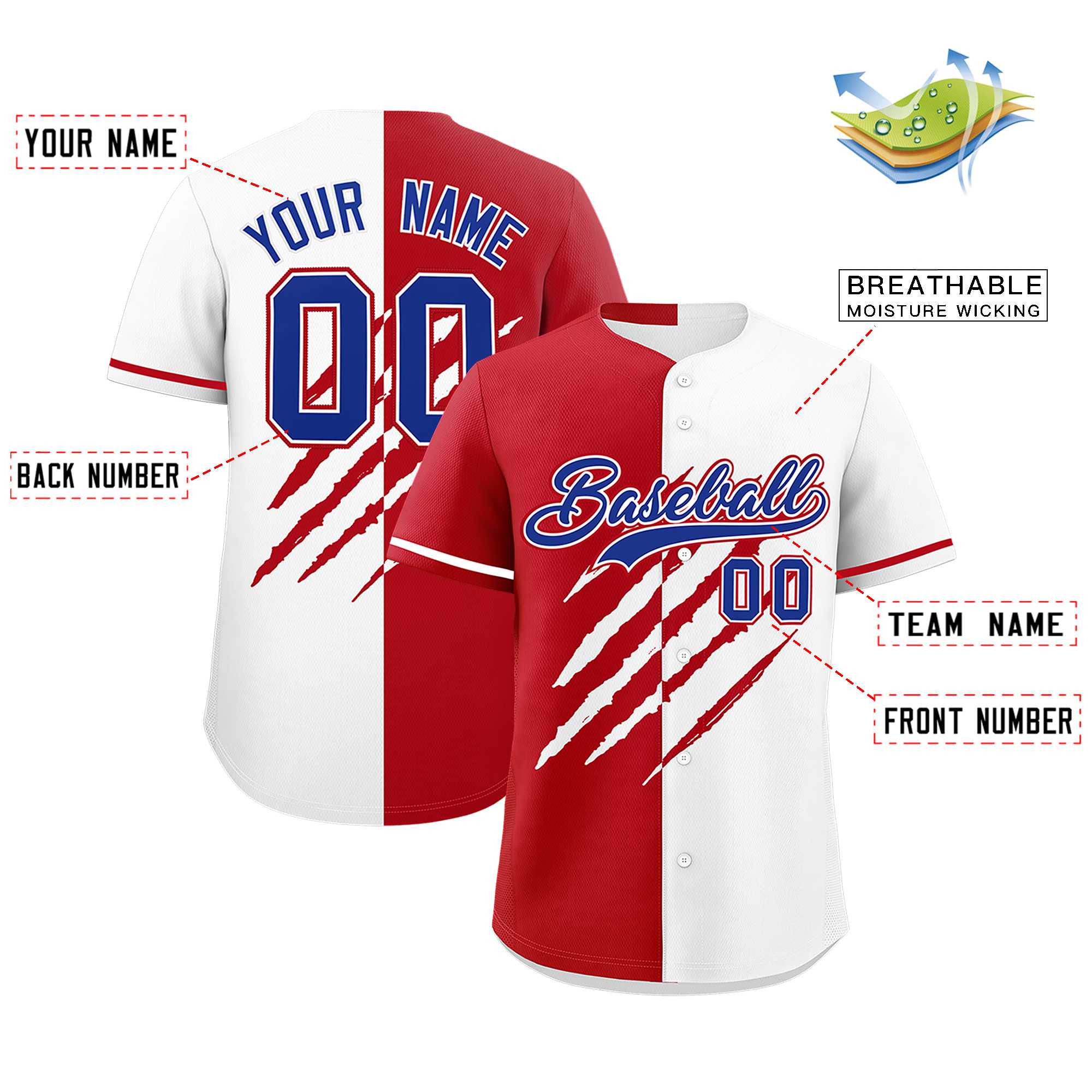 Custom Red White Split Tiger Claw Scratch Pattern Baseball Jersey