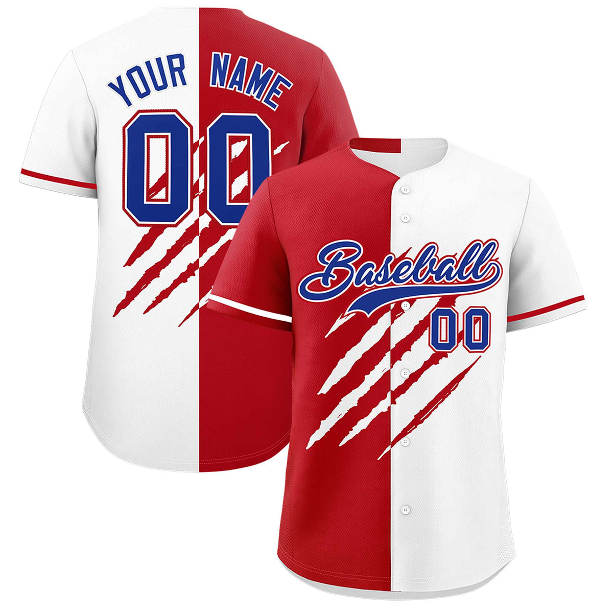 Custom Red White Split Tiger Claw Scratch Pattern Baseball Jersey