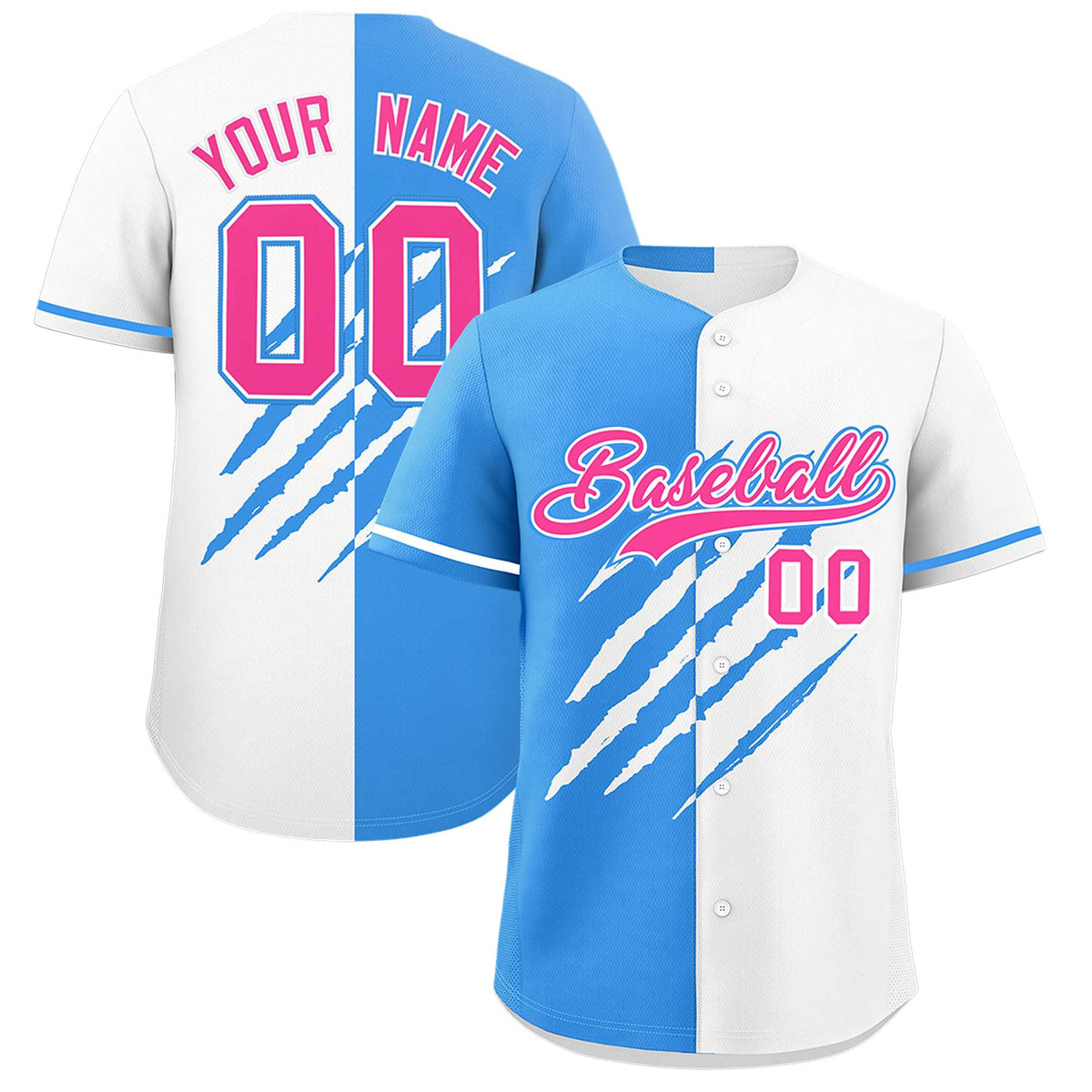 Custom Powder Blue White Split Tiger Claw Scratch Pattern Baseball Jersey