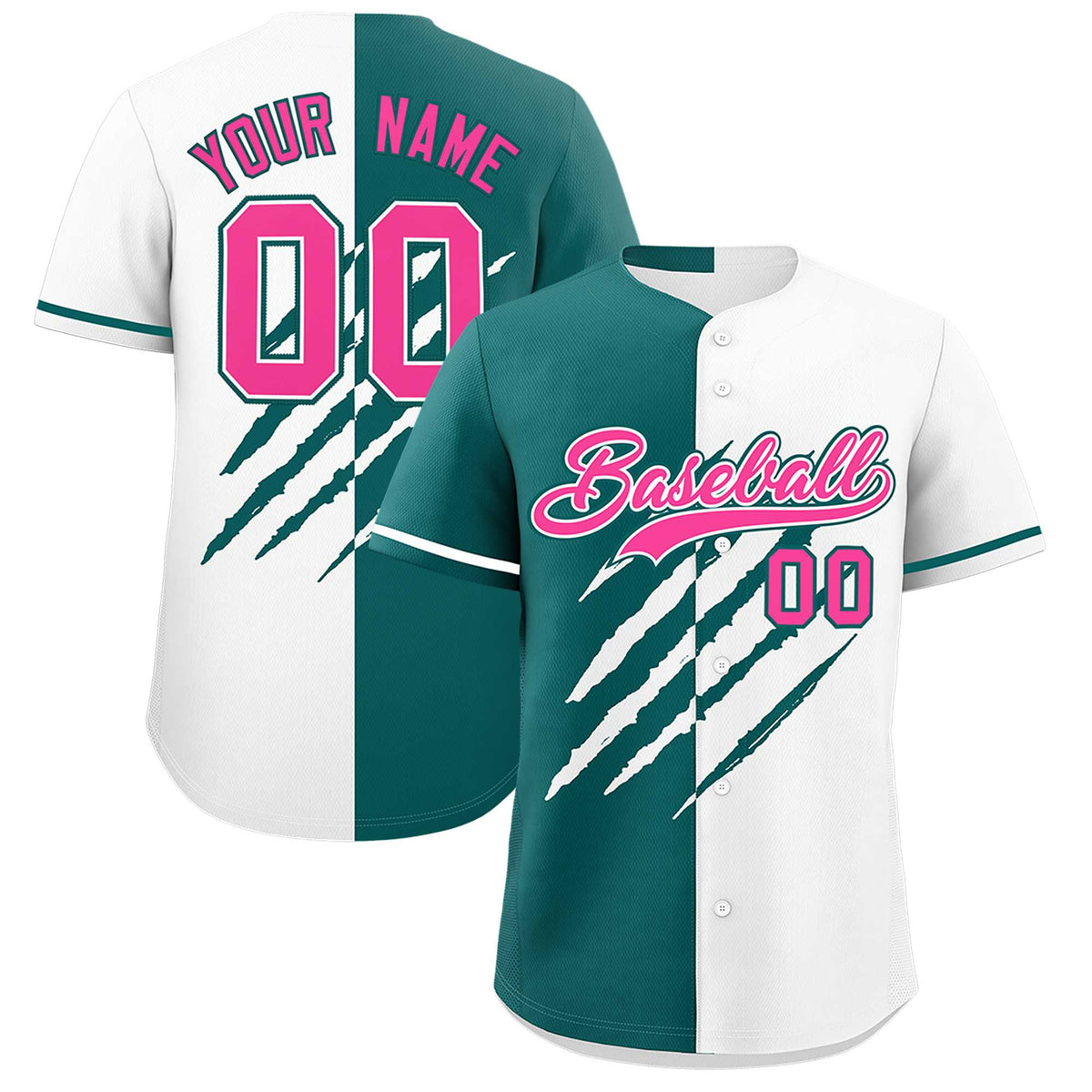 Custom Teal White Split Tiger Claw Scratch Pattern Baseball Jersey
