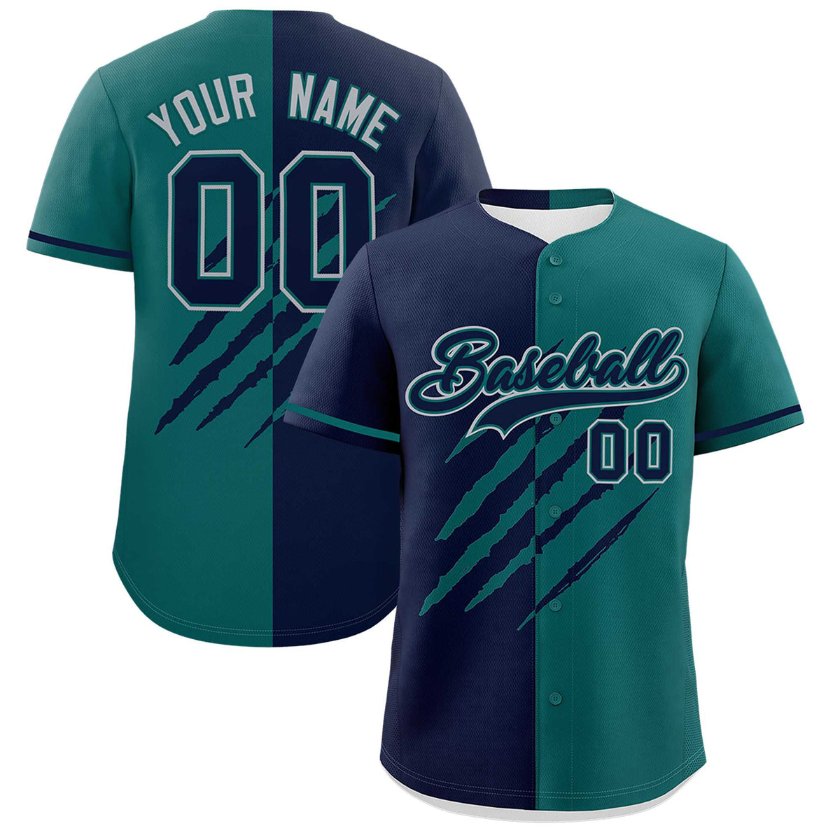 Custom Navy Teal Split Tiger Claw Scratch Pattern Baseball Jersey