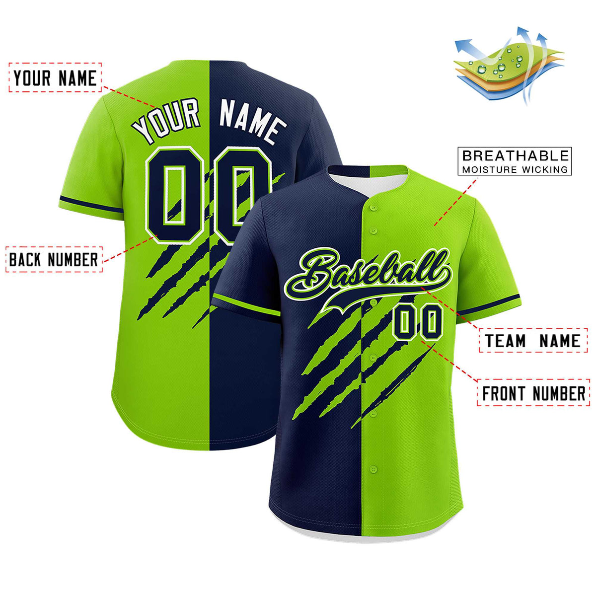 Custom Navy Neon Green Split Tiger Claw Scratch Pattern Baseball Jersey