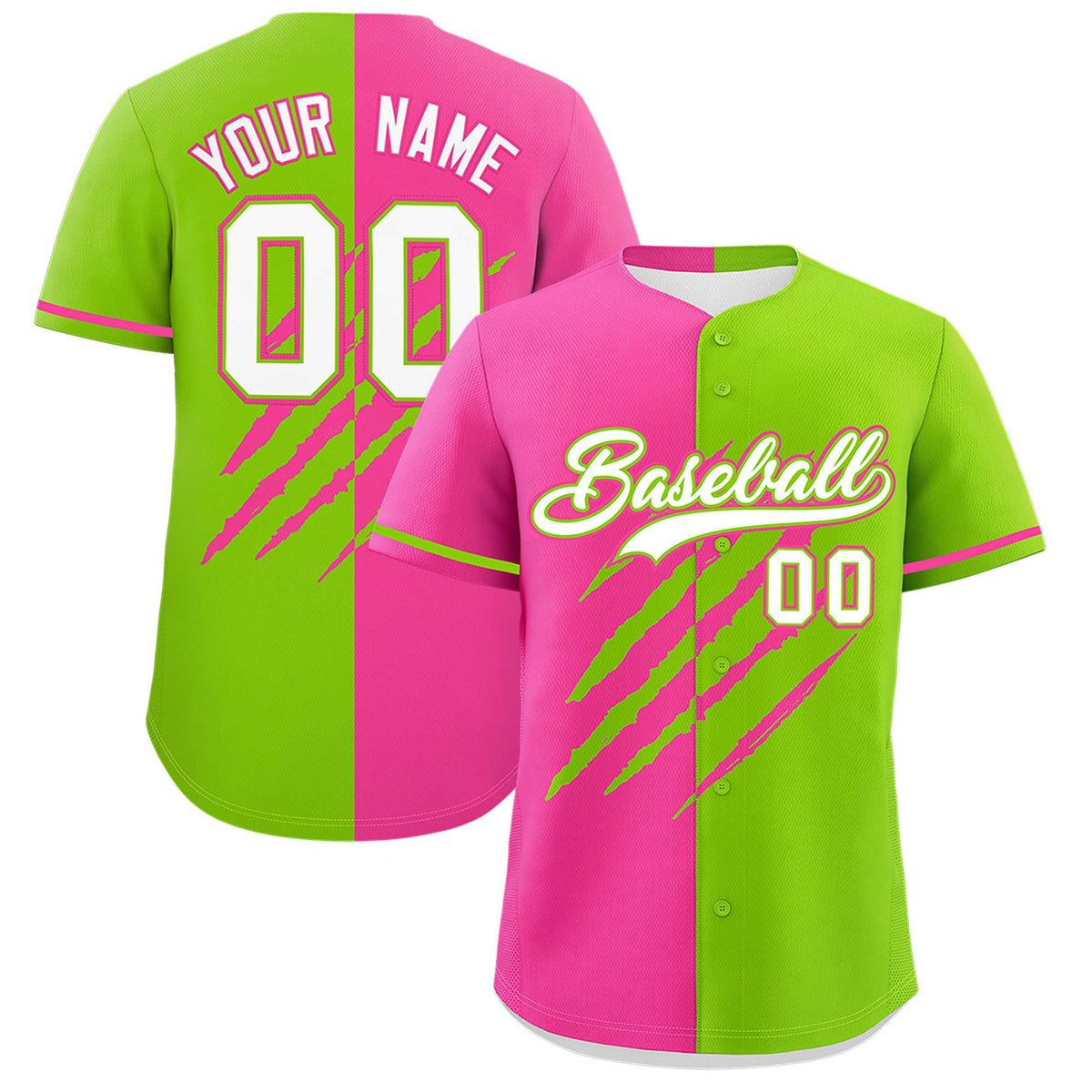 Custom Pink Neon Green Split Tiger Claw Scratch Pattern Baseball Jersey