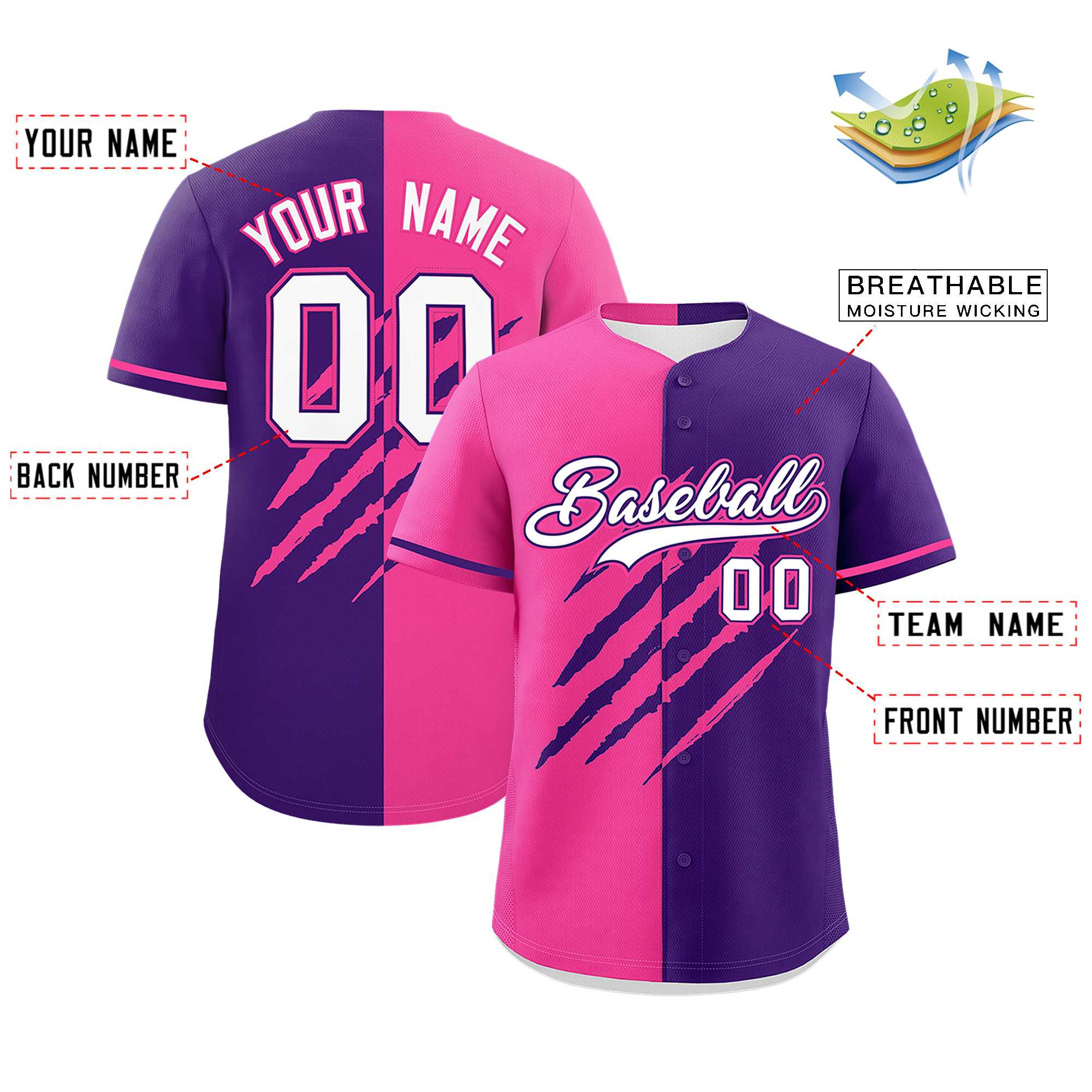 Custom Pink Purple Split Tiger Claw Scratch Pattern Baseball Jersey