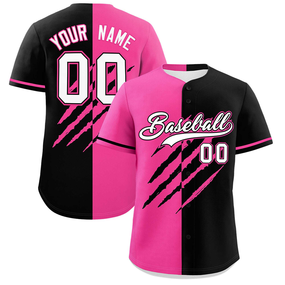 Custom Pink Black Split Tiger Claw Scratch Pattern Baseball Jersey