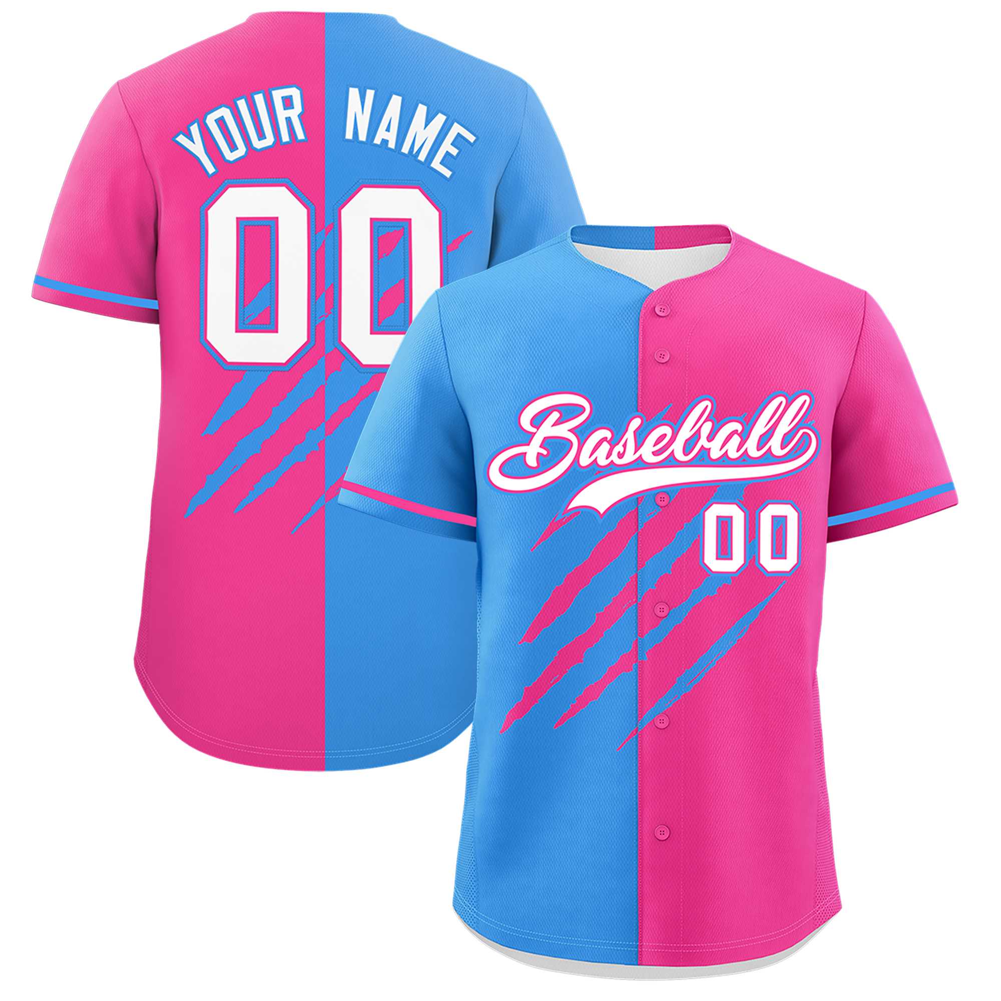 Custom Powder Blue Pink Split Tiger Claw Scratch Pattern Baseball Jersey