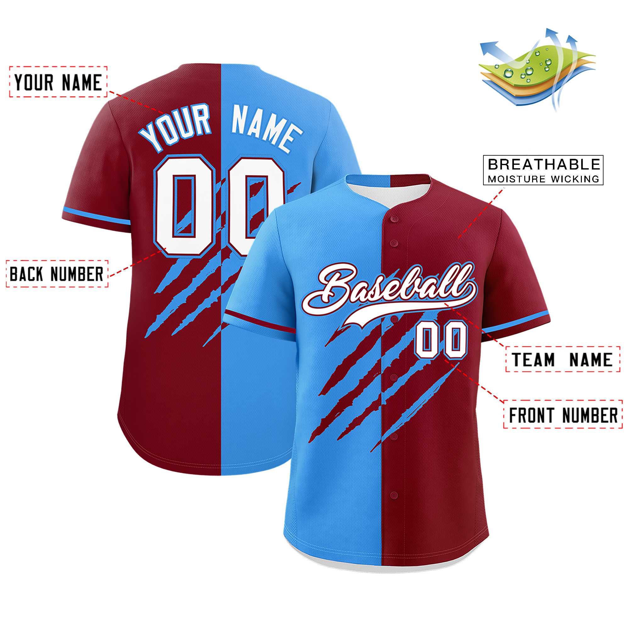 Custom Powder Blue Crimson Split Tiger Claw Scratch Pattern Baseball Jersey
