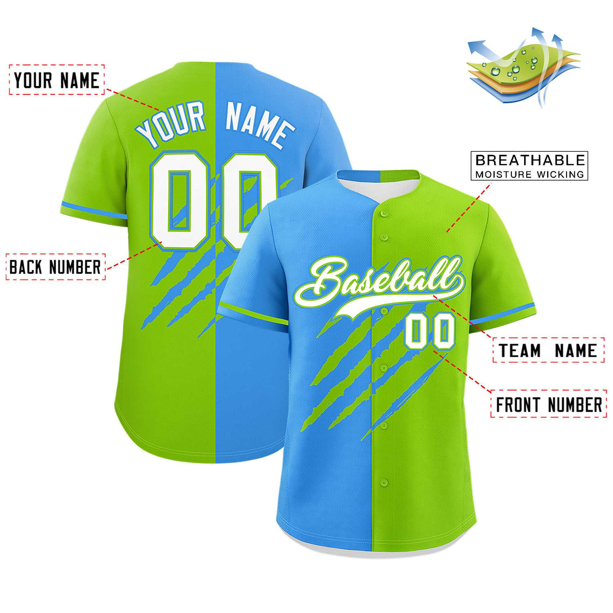 Custom Powder Blue Neon Green Split Tiger Claw Scratch Pattern Baseball Jersey