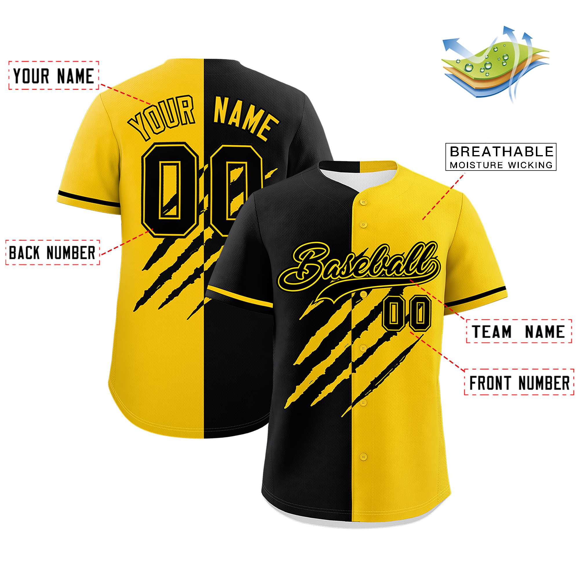Custom Black Gold Split Tiger Claw Scratch Pattern Baseball Jersey