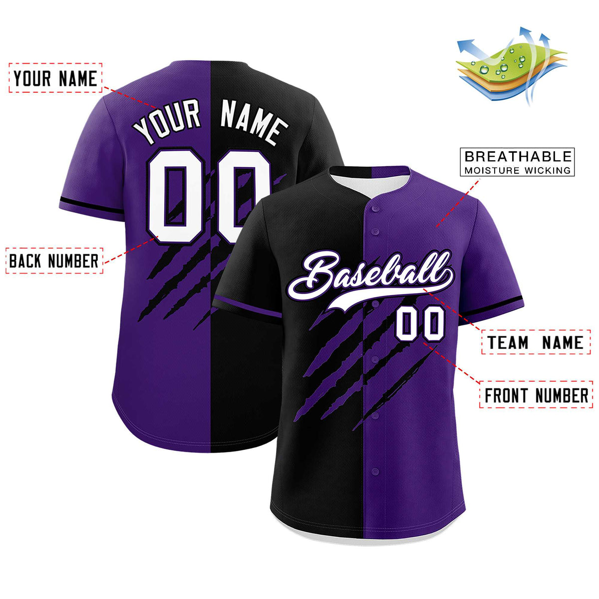 Custom Black Purple Split Tiger Claw Scratch Pattern Baseball Jersey