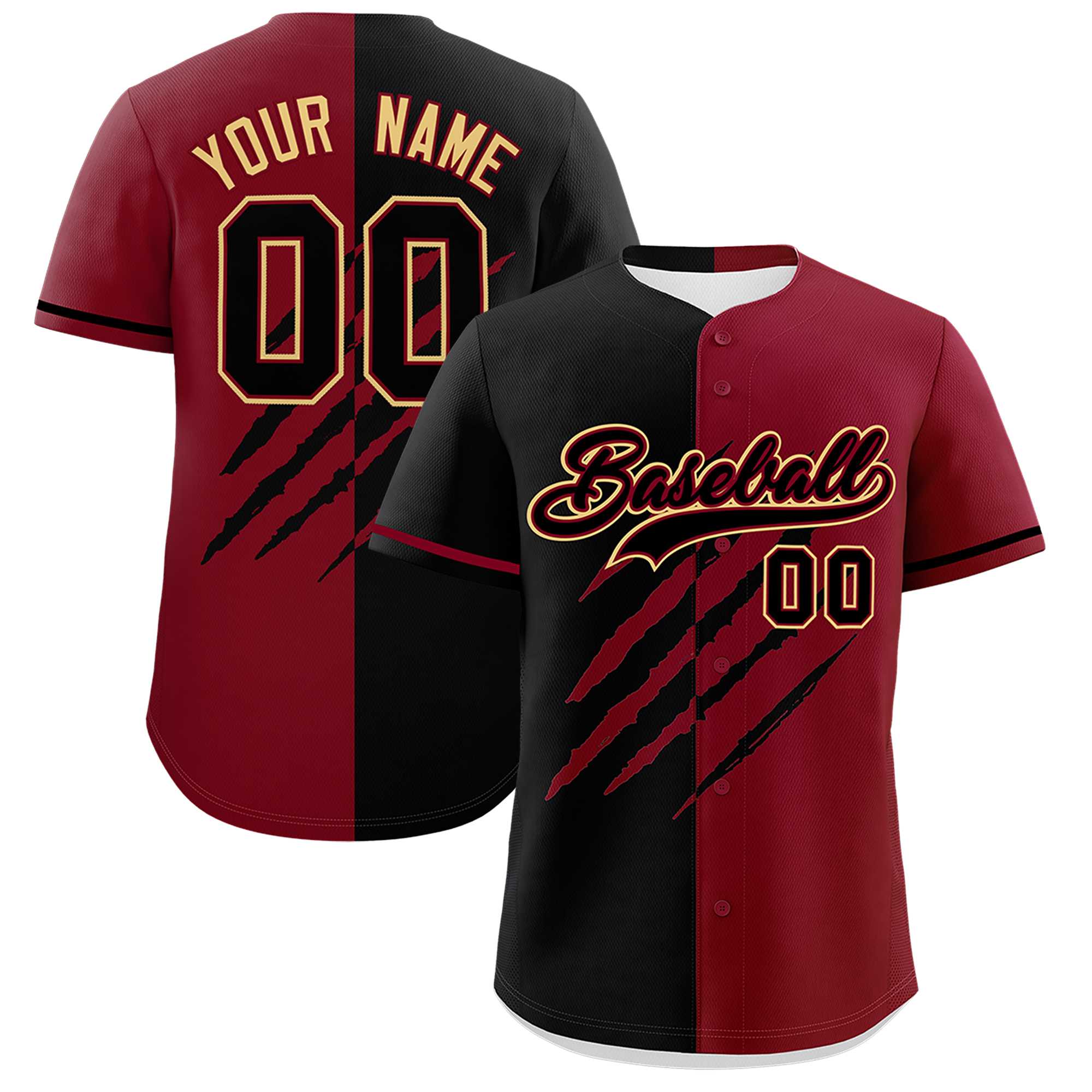 Custom Black Crimson Split Tiger Claw Scratch Pattern Baseball Jersey