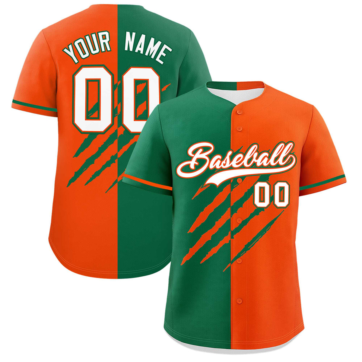 Custom Kelly Green Orange Split Tiger Claw Scratch Pattern Baseball Jersey