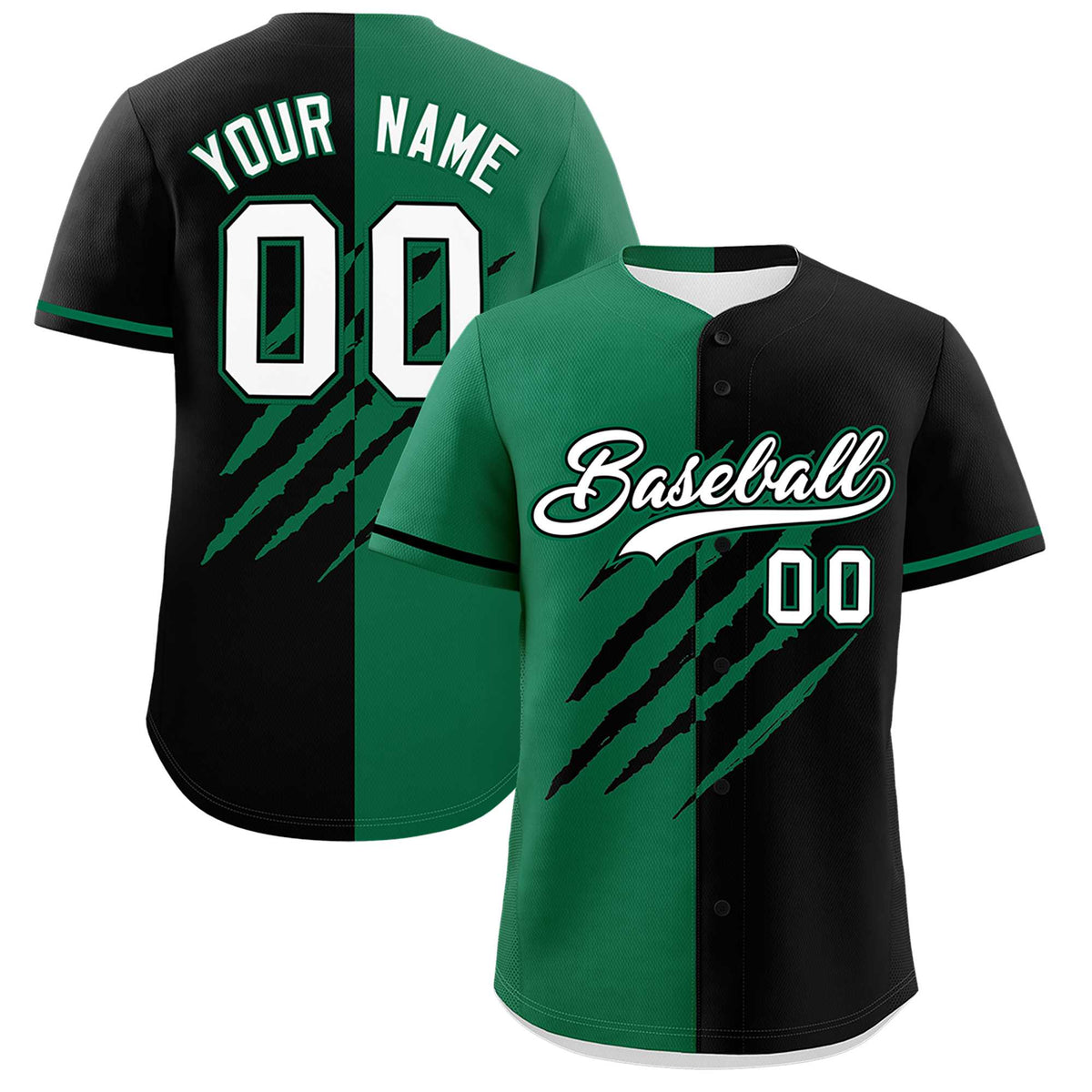 Custom Kelly Green Black Split Tiger Claw Scratch Pattern Baseball Jersey