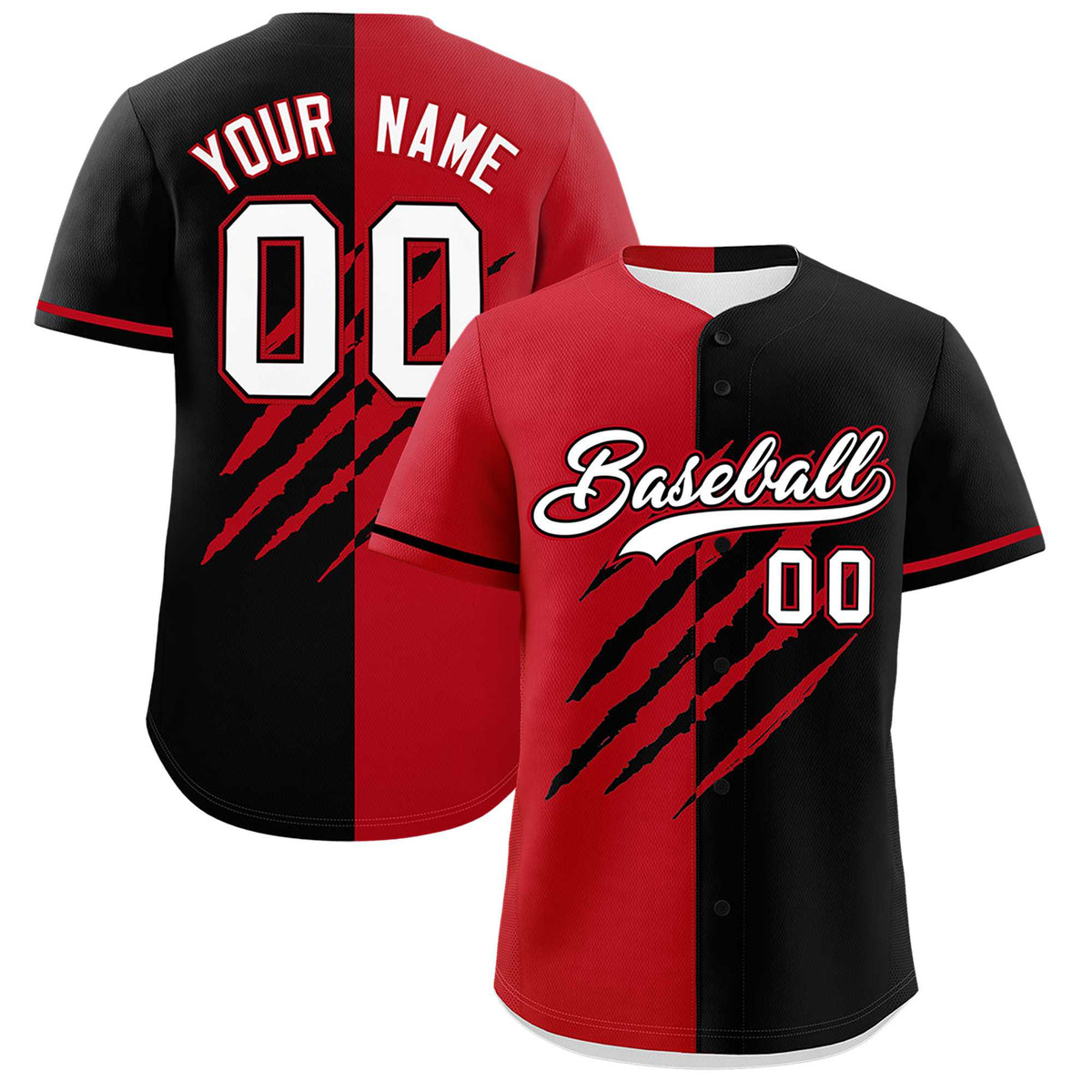 Custom Red Black Split Tiger Claw Scratch Pattern Baseball Jersey