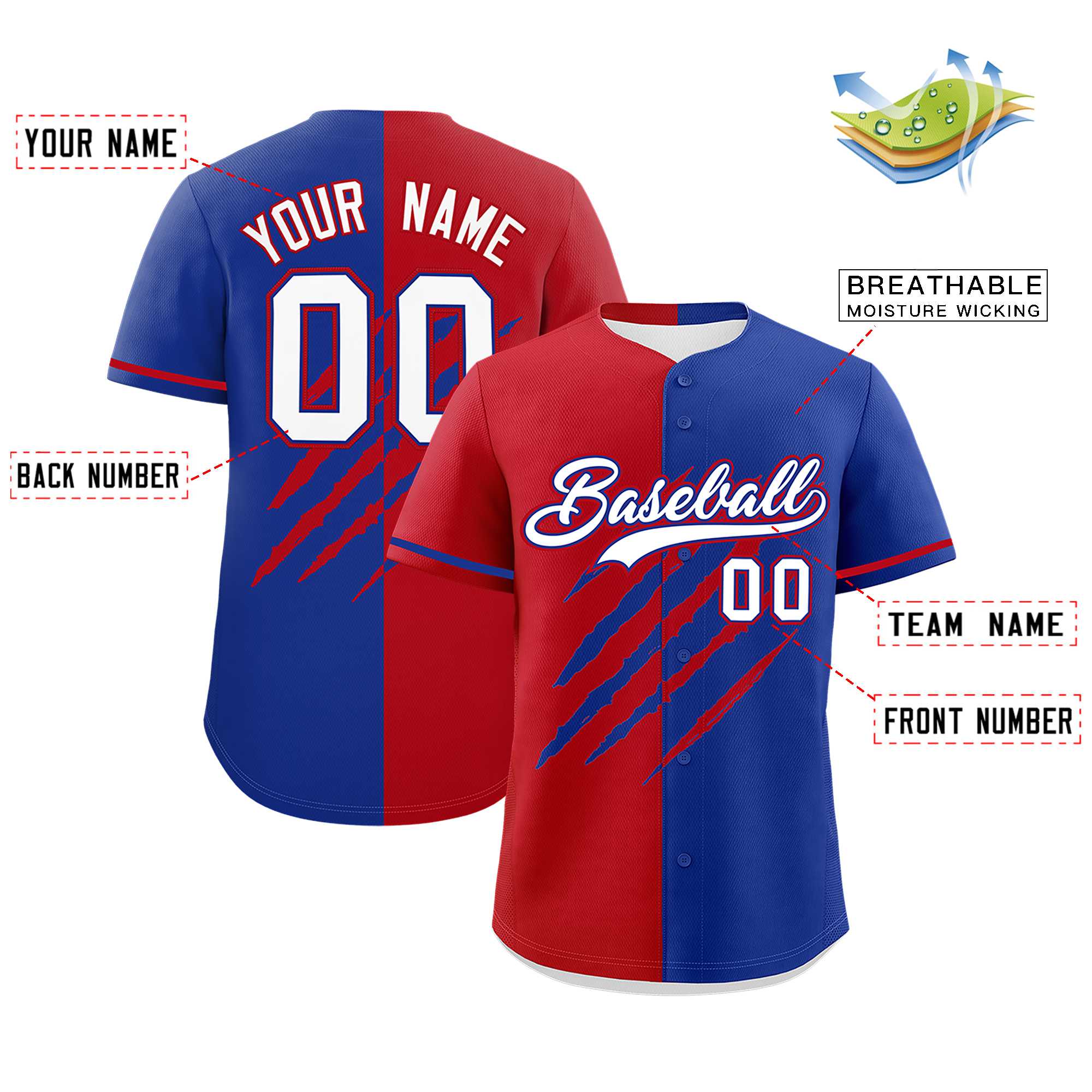 Custom Red Royal Blue Split Tiger Claw Scratch Pattern Baseball Jersey