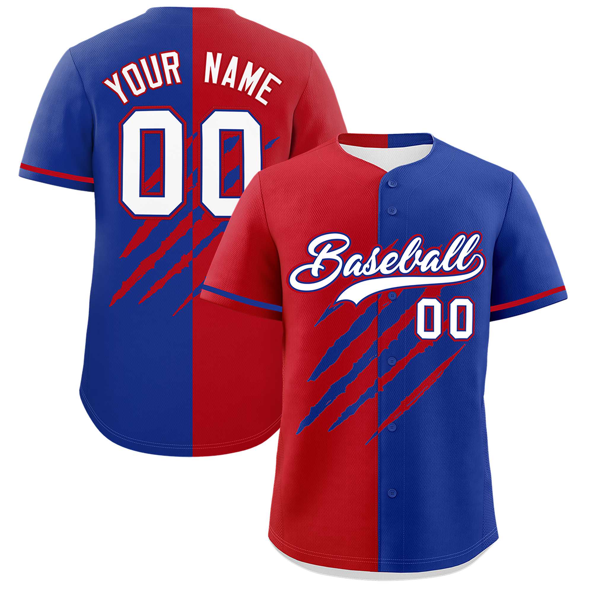 Custom Red Royal Blue Split Tiger Claw Scratch Pattern Baseball Jersey