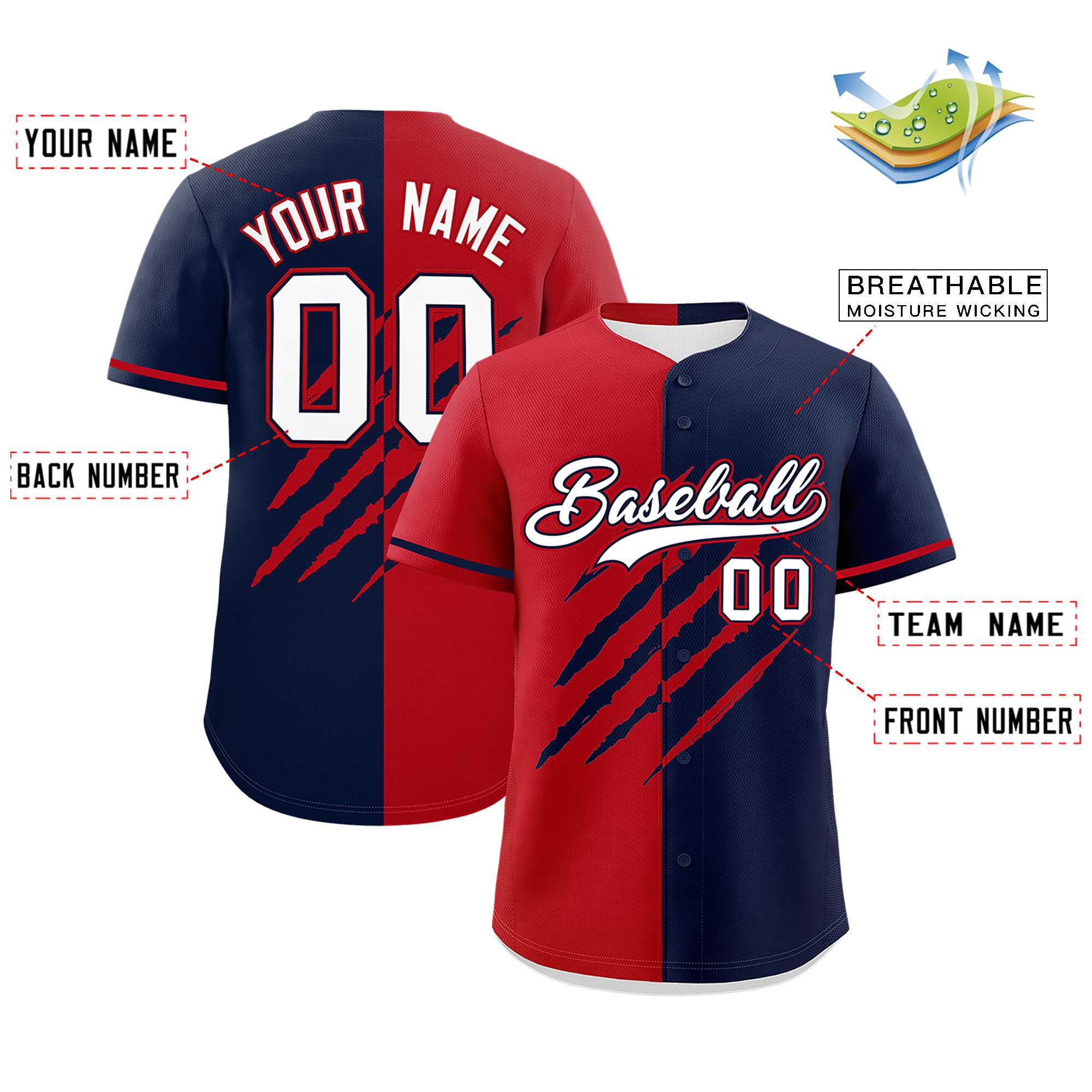 Custom Red Navy Split Tiger Claw Scratch Pattern Baseball Jersey