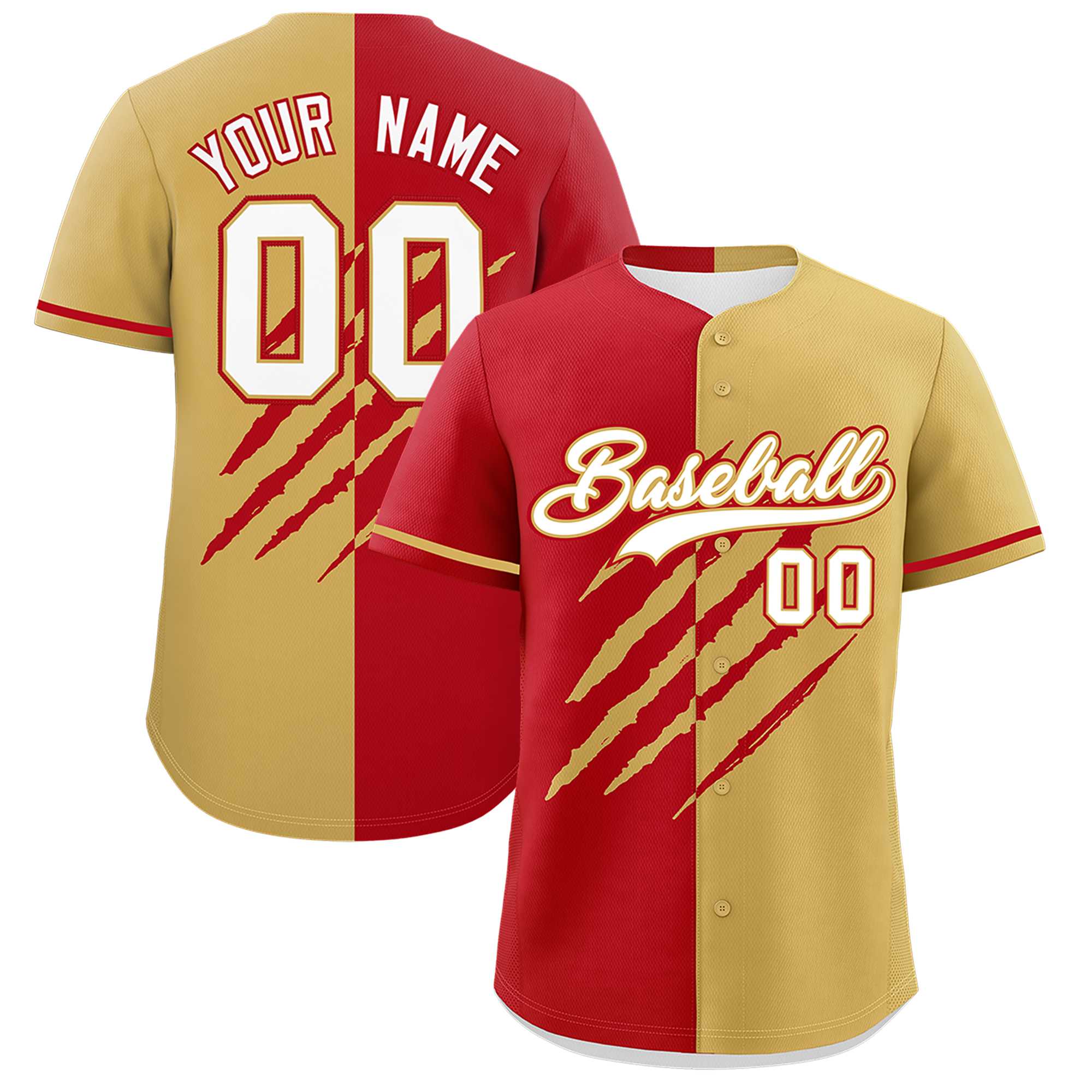 Custom Red Old Gold Split Tiger Claw Scratch Pattern Baseball Jersey