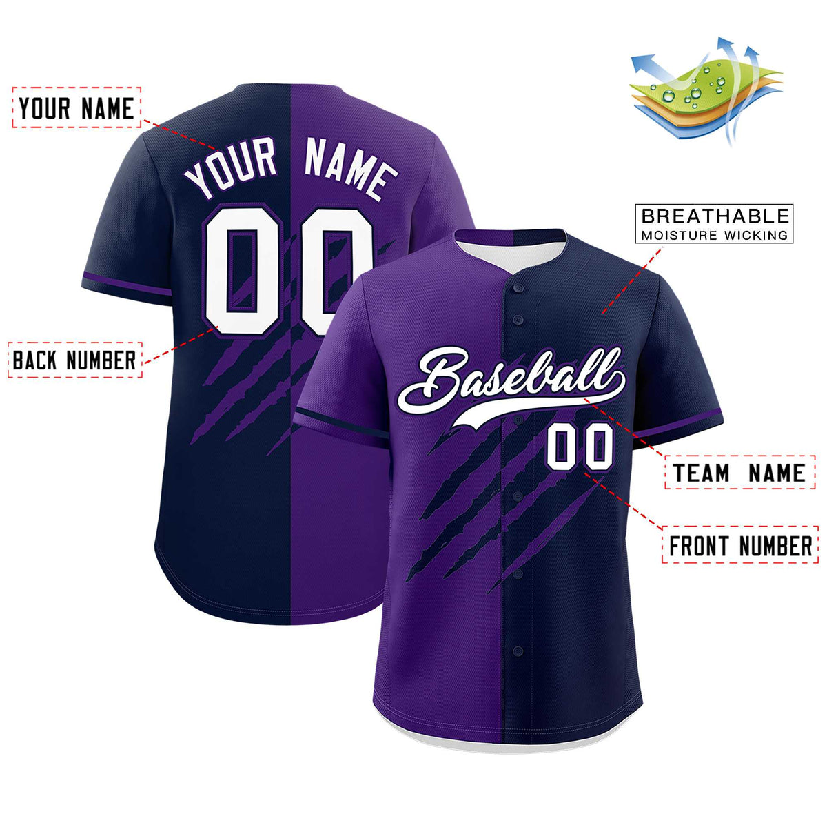 Custom Purple Navy Split Tiger Claw Scratch Pattern Baseball Jersey