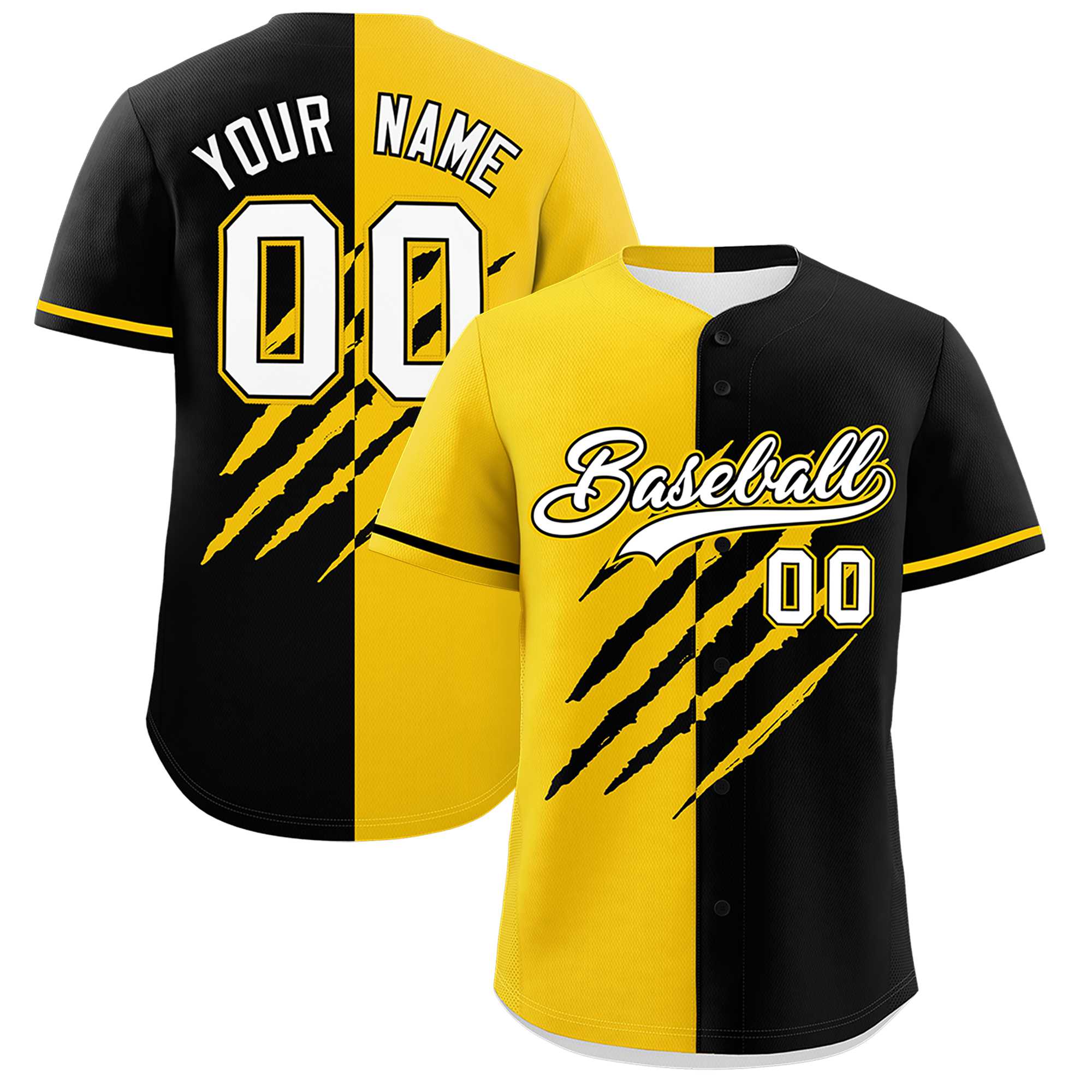 Custom Gold Black Split Tiger Claw Scratch Pattern Baseball Jersey