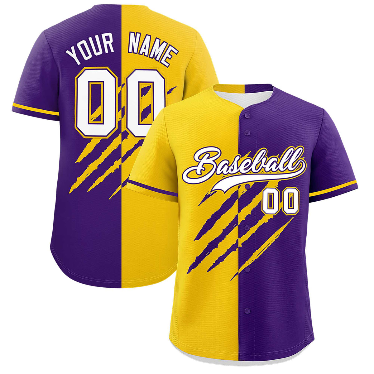Custom Gold Purple Split Tiger Claw Scratch Pattern Baseball Jersey
