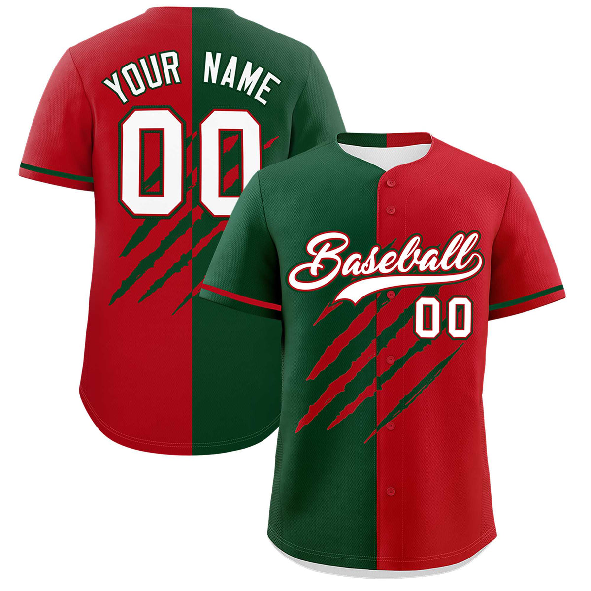 Custom Green Red Split Tiger Claw Scratch Pattern Baseball Jersey