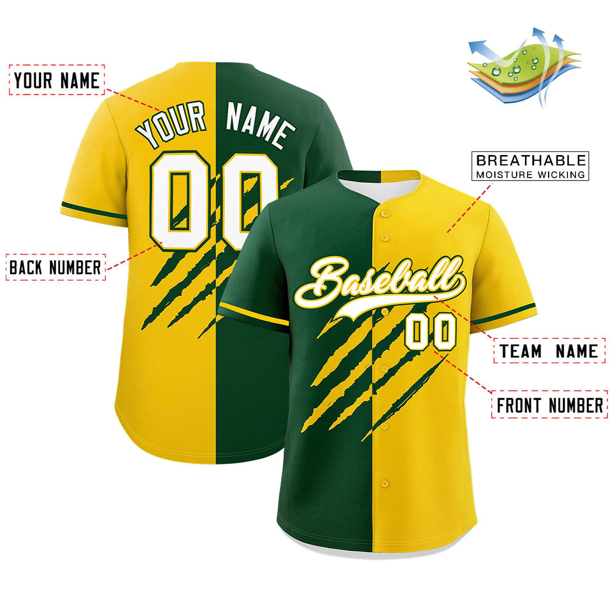 Custom Green Gold Split Tiger Claw Scratch Pattern Baseball Jersey