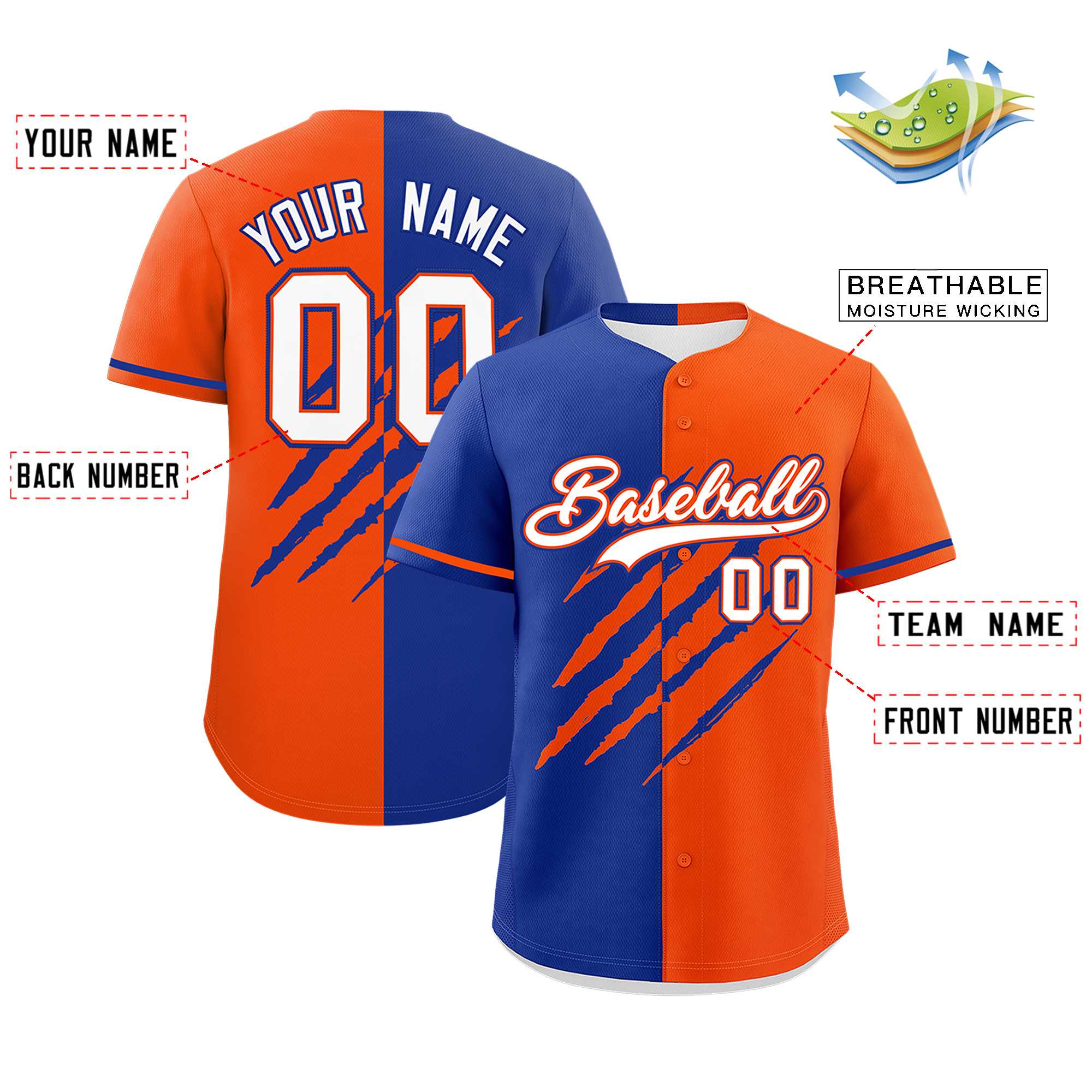 Custom Royal Blue Orange Split Tiger Claw Scratch Pattern Baseball Jersey