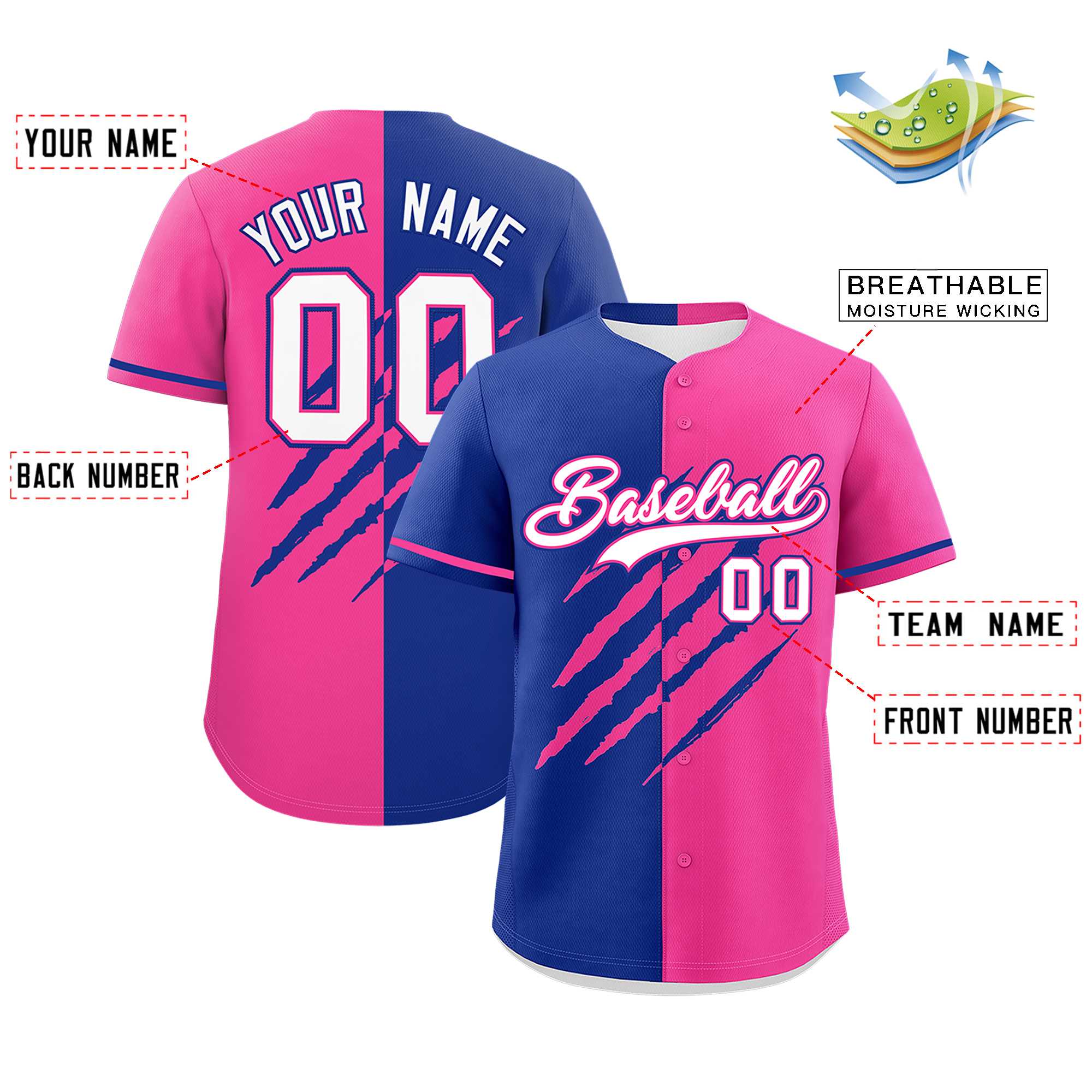 Custom Royal Blue Pink Split Tiger Claw Scratch Pattern Baseball Jersey