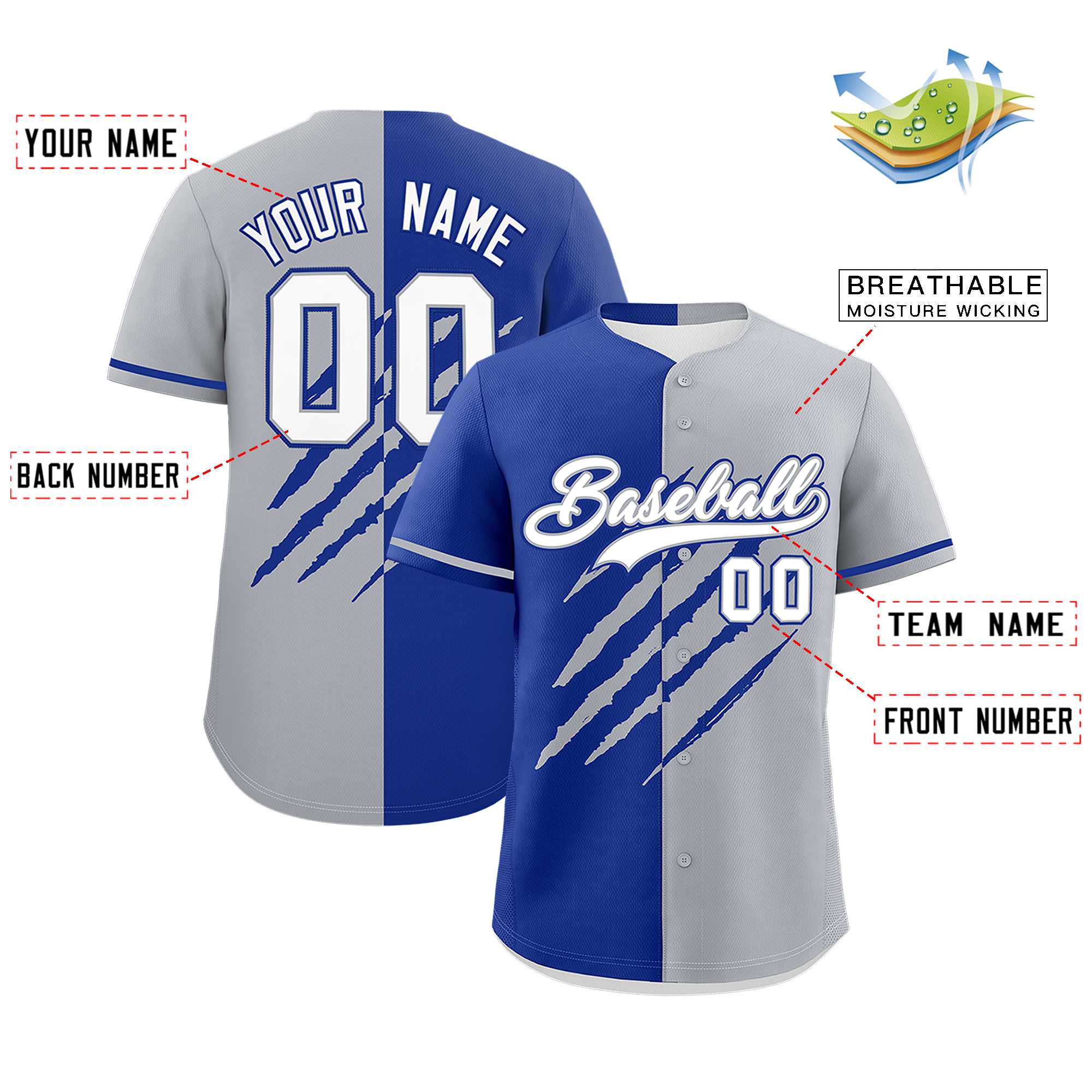Custom Royal Blue Gray Split Tiger Claw Scratch Pattern Baseball Jersey