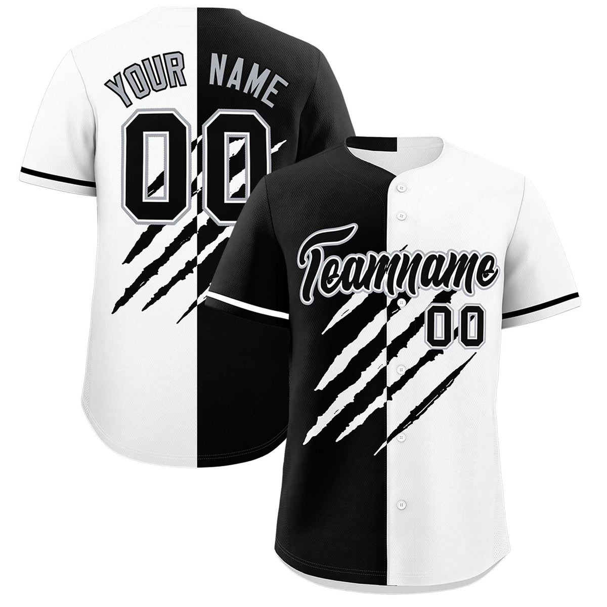Custom Black White Split Tiger Claw Scratch Pattern Baseball Jersey