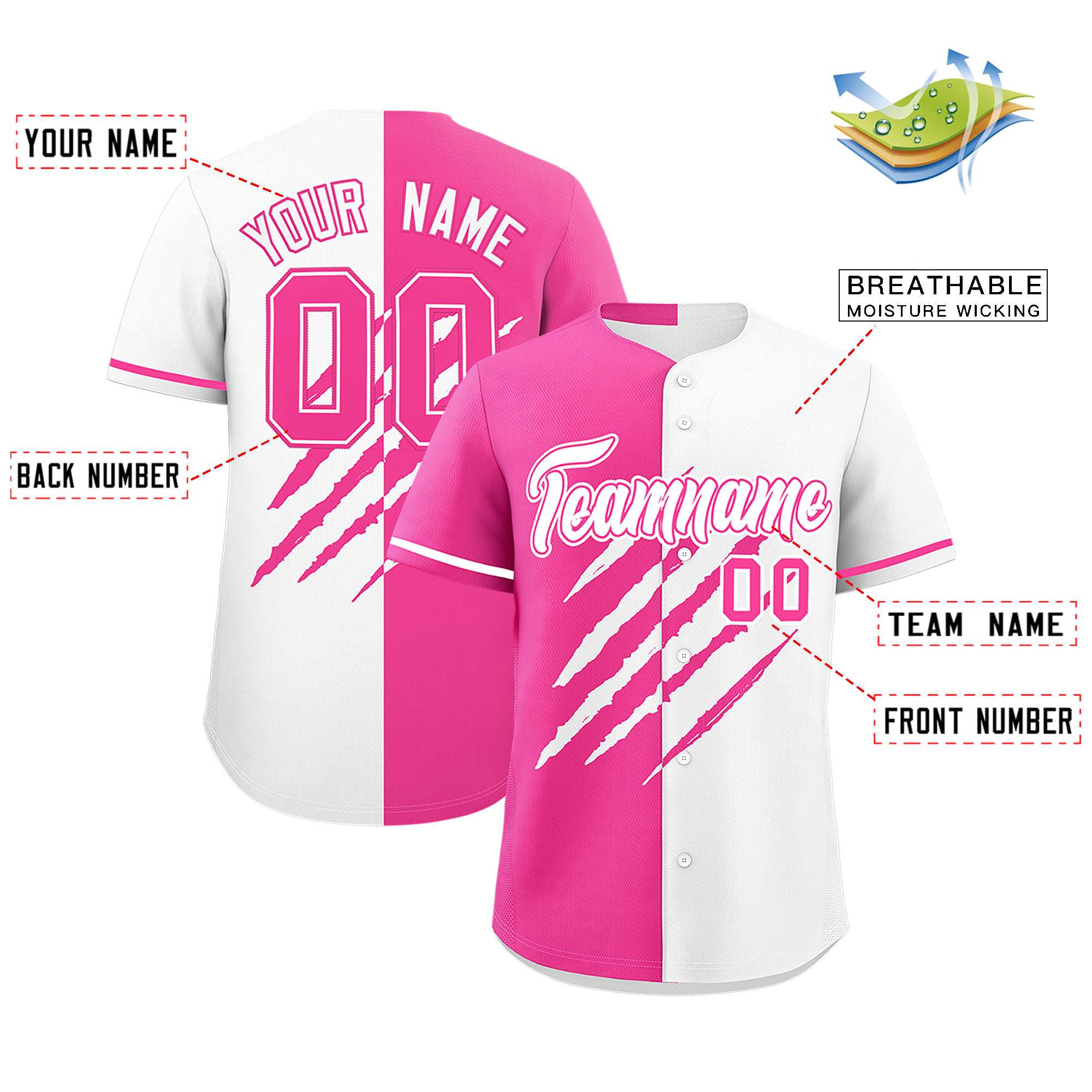 Custom Pink White Split Tiger Claw Scratch Pattern Baseball Jersey