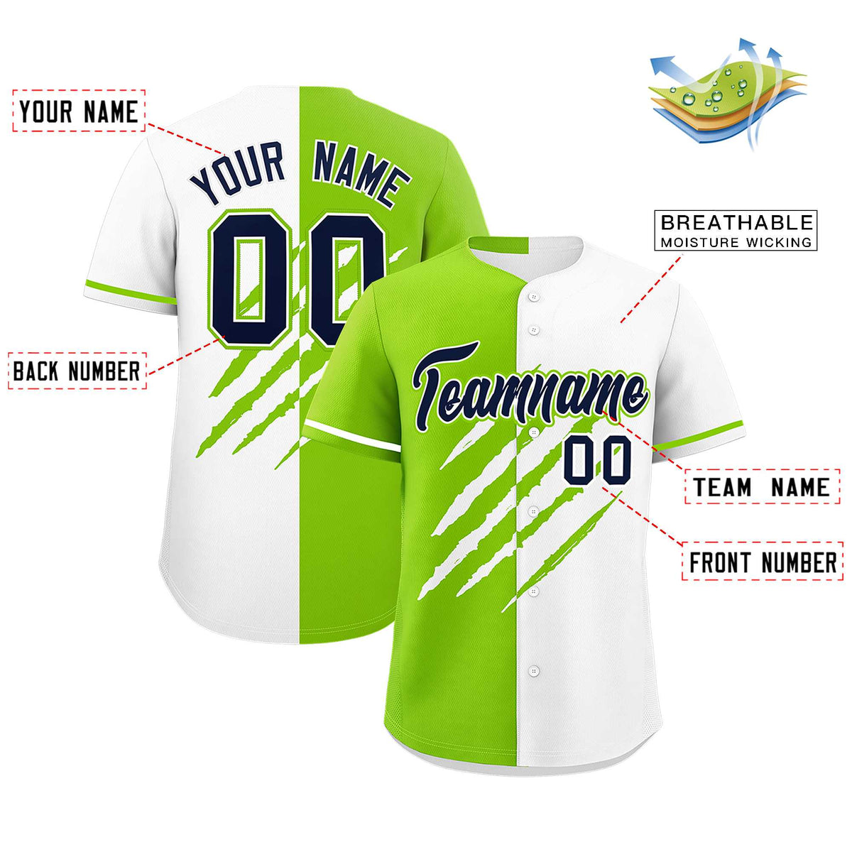 Custom Neon Green White Split Tiger Claw Scratch Pattern Baseball Jersey