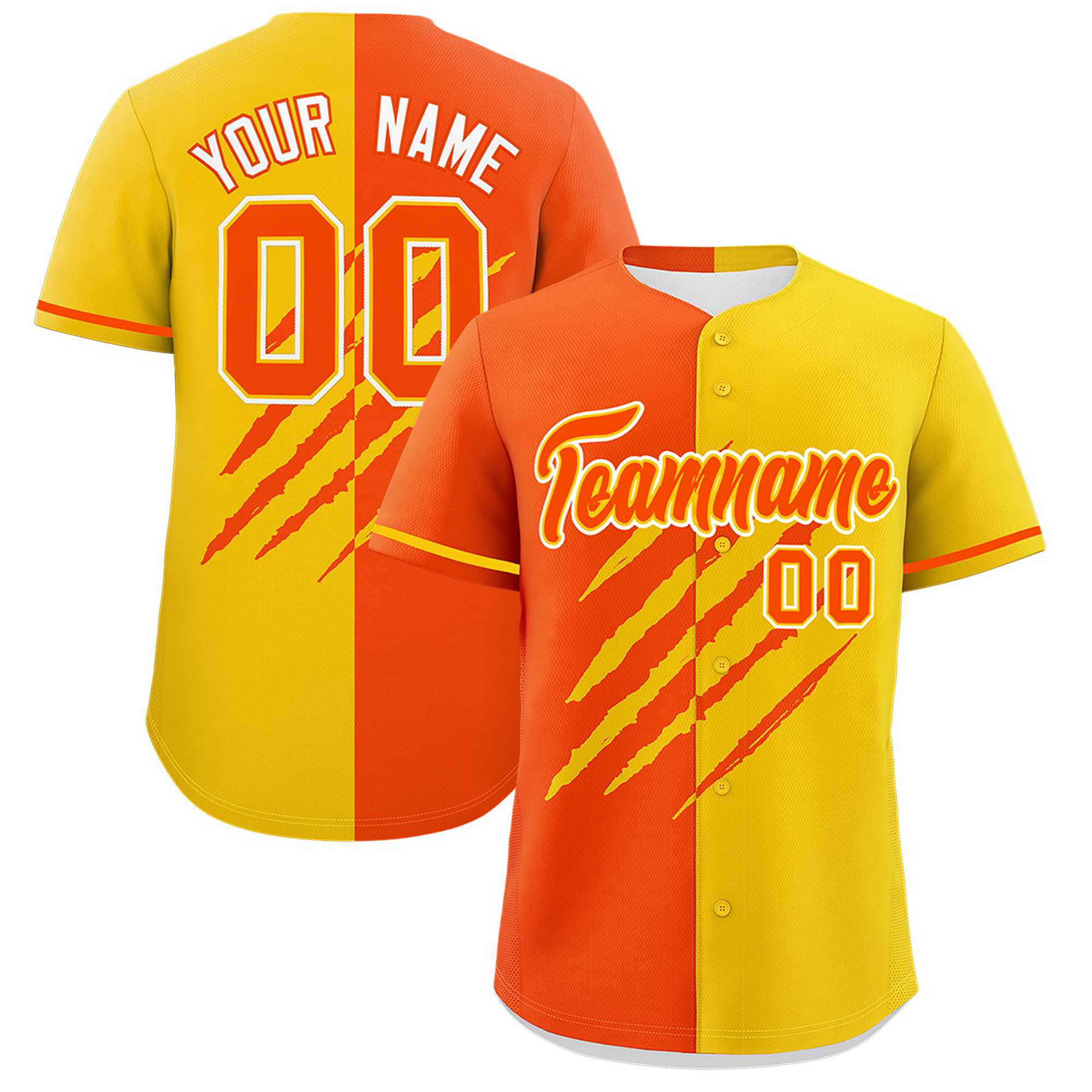 Custom Orange Gold Split Tiger Claw Scratch Pattern Baseball Jersey
