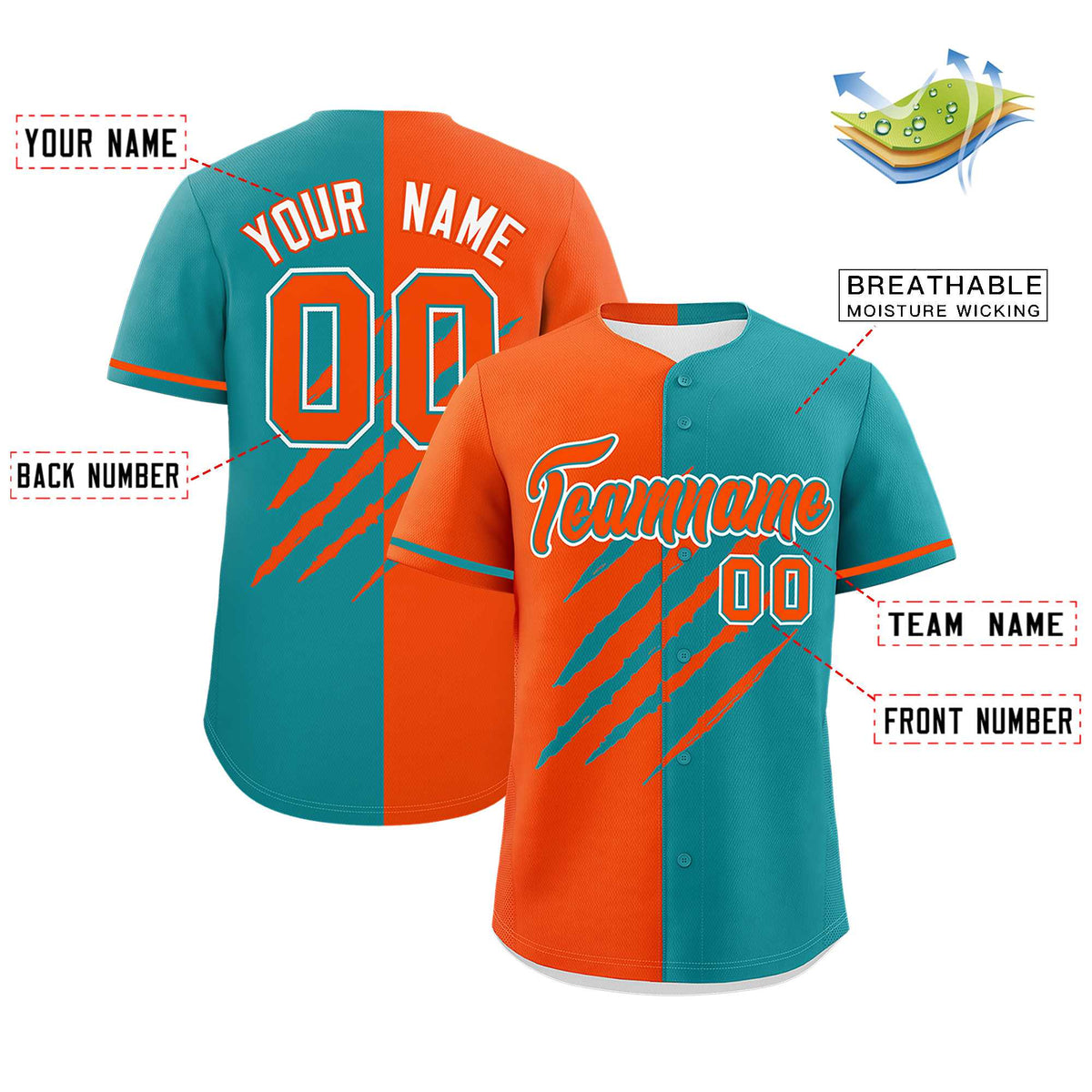 Custom Orange Aqua Split Tiger Claw Scratch Pattern Baseball Jersey