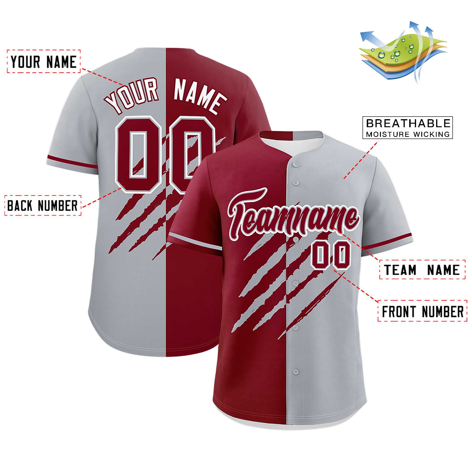 Custom Crimson Gray Split Tiger Claw Scratch Pattern Baseball Jersey