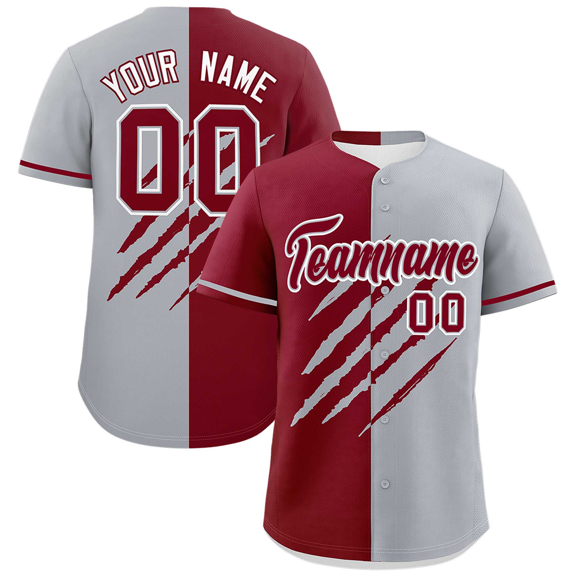 Custom Crimson Gray Split Tiger Claw Scratch Pattern Baseball Jersey