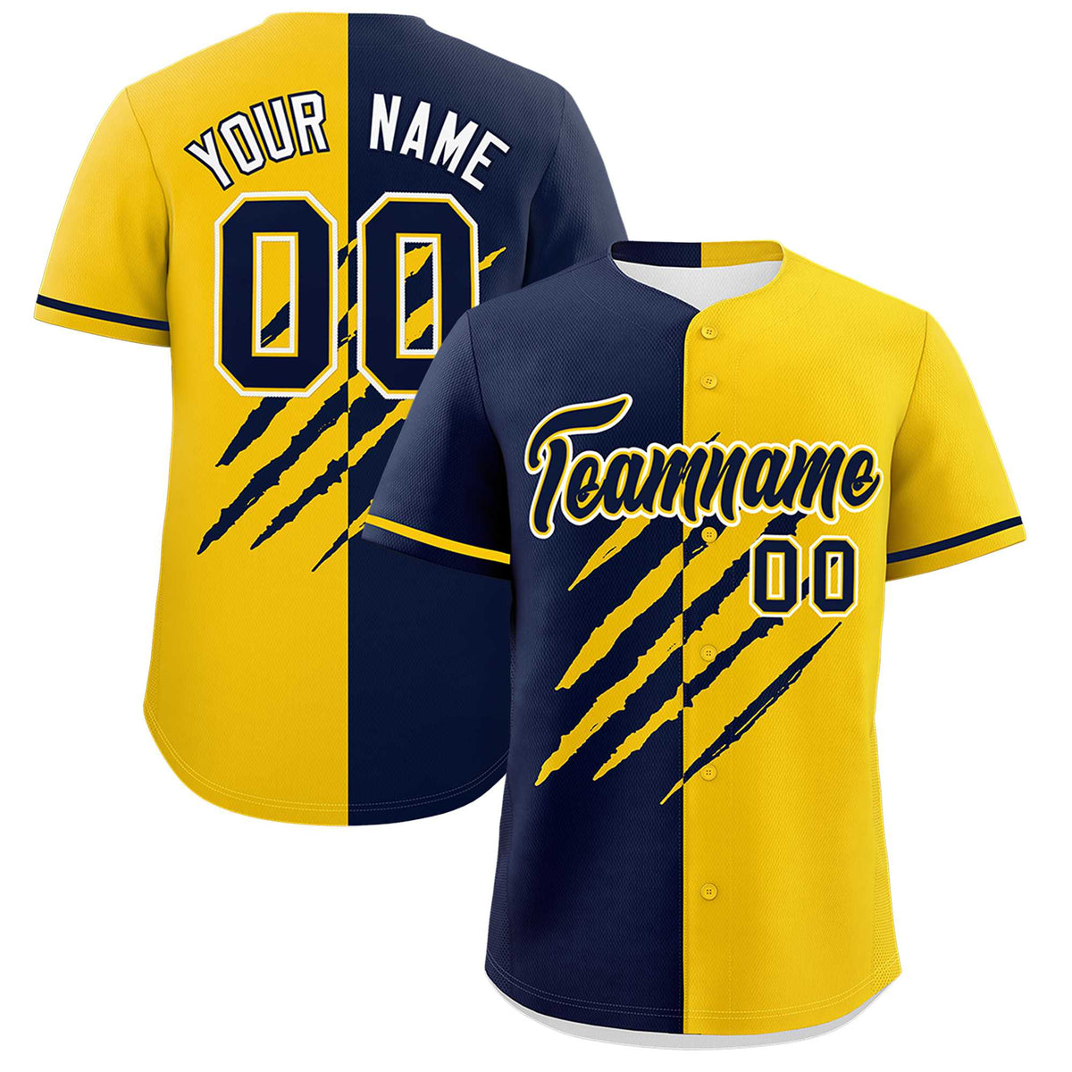 Custom Navy Gold Split Tiger Claw Scratch Pattern Baseball Jersey