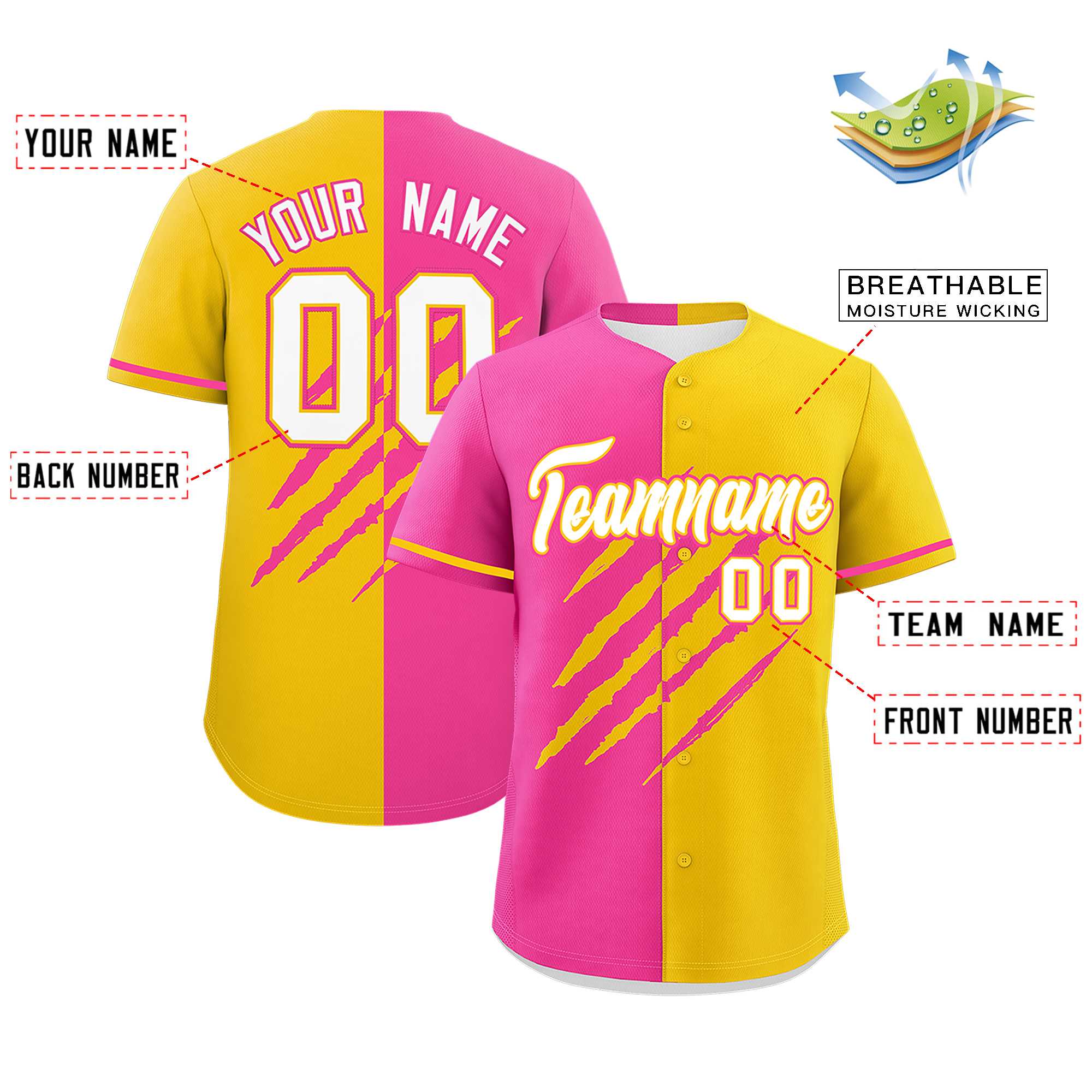 Custom Pink Gold Split Tiger Claw Scratch Pattern Baseball Jersey