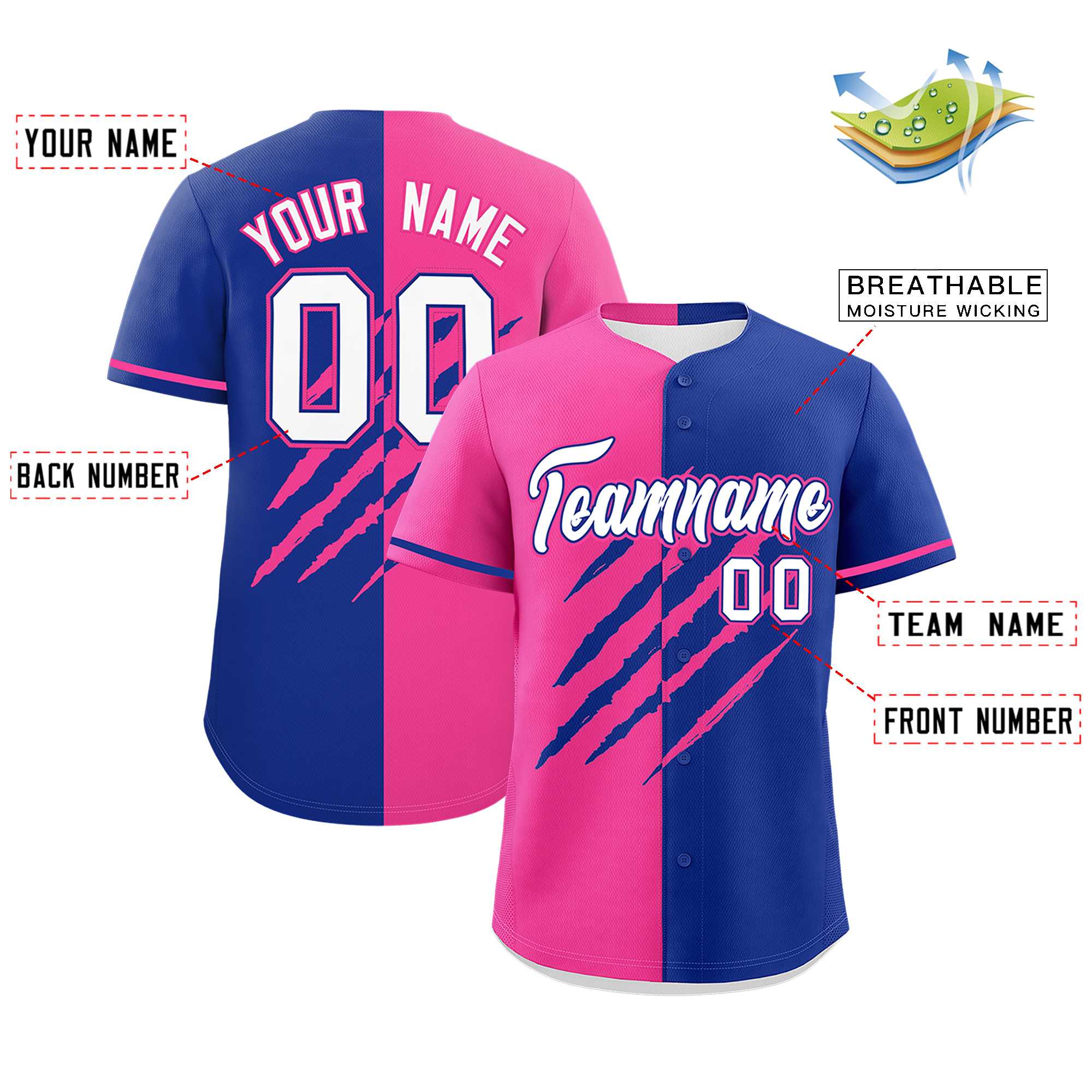 Custom Pink Royal Blue Split Tiger Claw Scratch Pattern Baseball Jersey