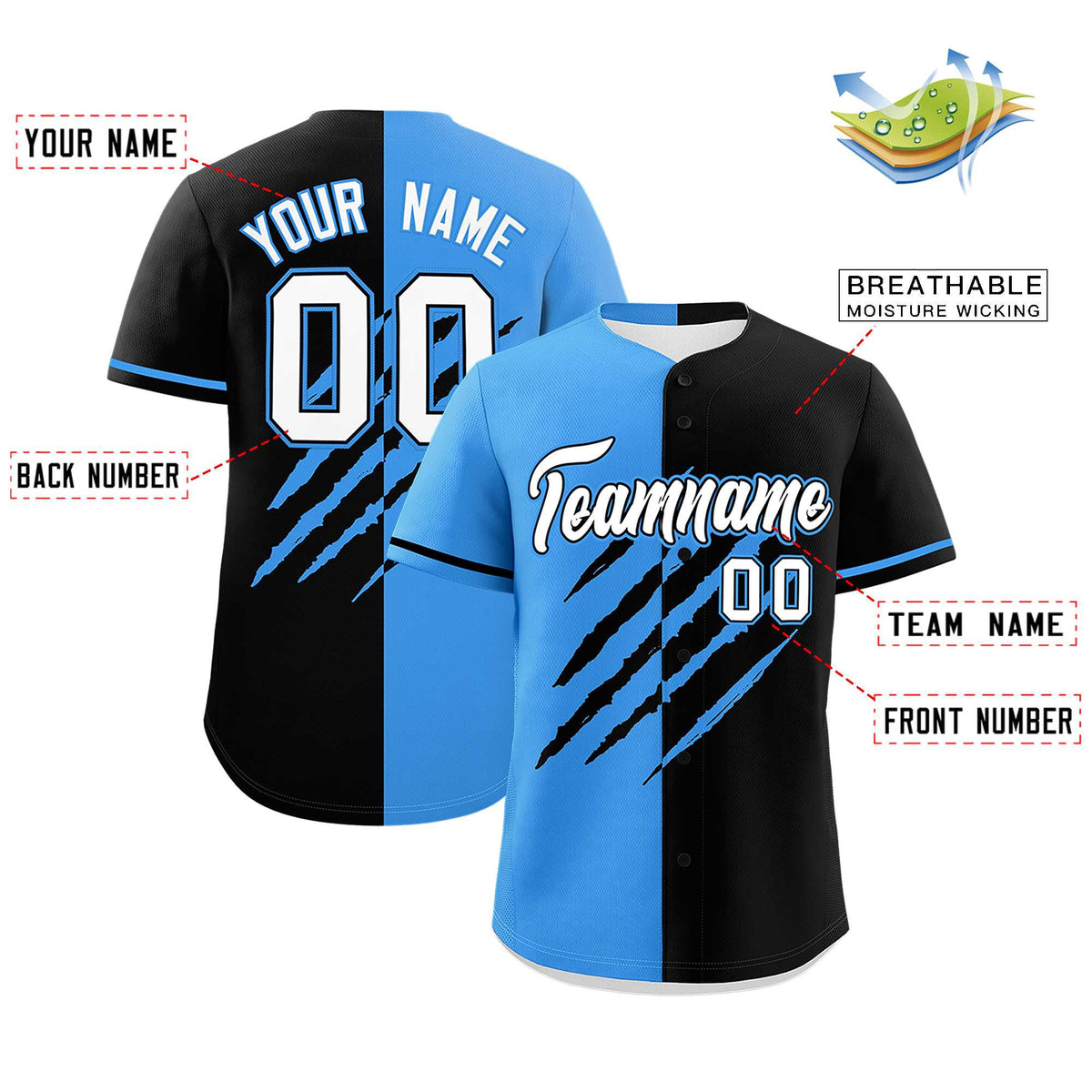Custom Powder Blue Black Split Tiger Claw Scratch Pattern Baseball Jersey