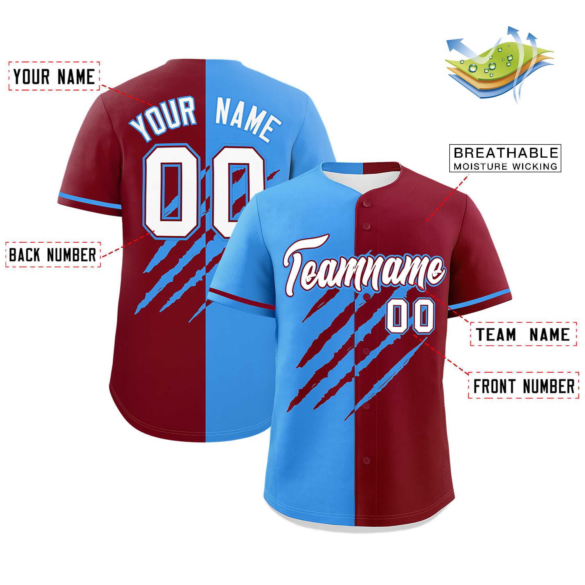 Custom Powder Blue Crimson Split Tiger Claw Scratch Pattern Baseball Jersey
