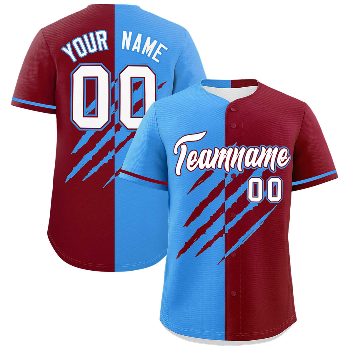 Custom Powder Blue Crimson Split Tiger Claw Scratch Pattern Baseball Jersey