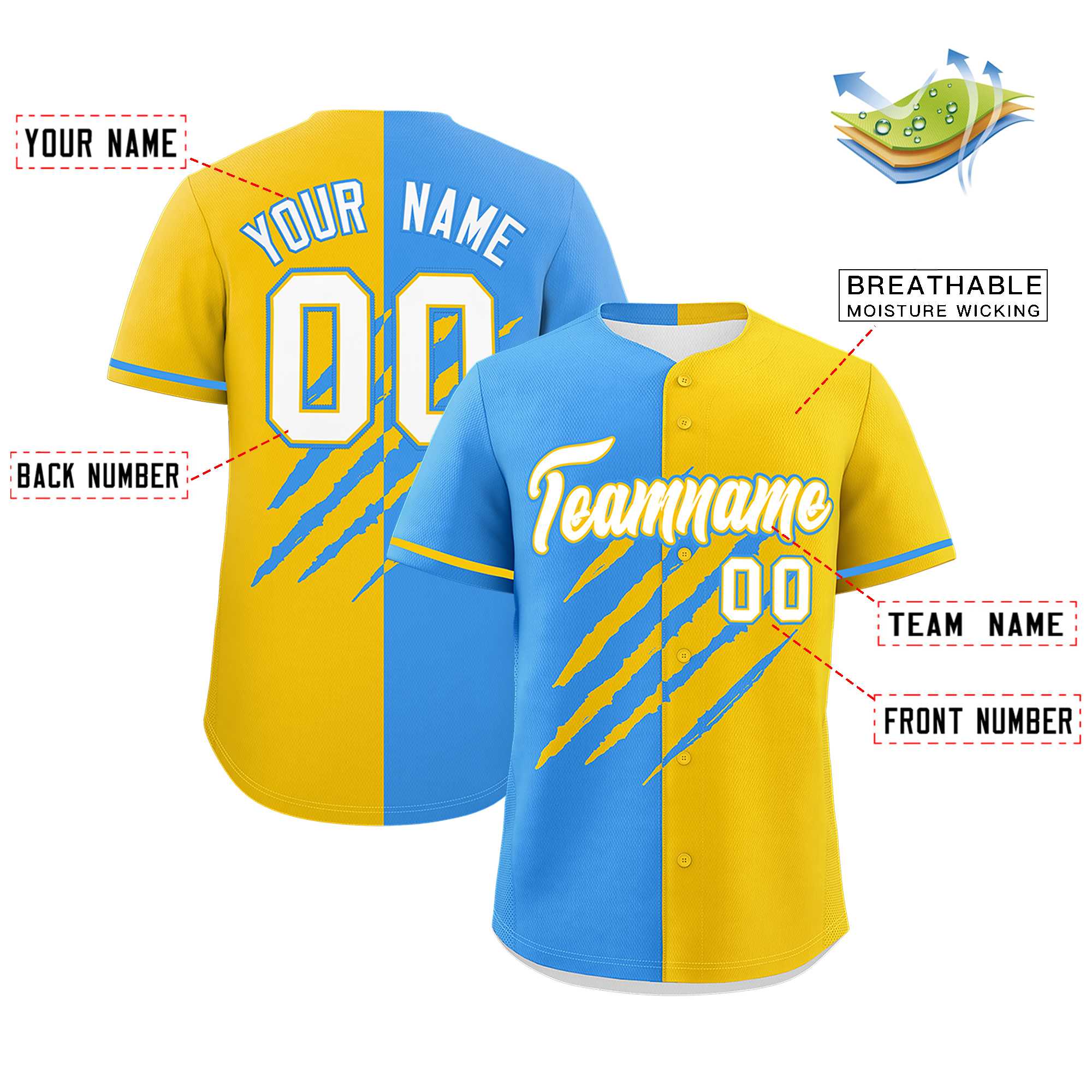 Custom Powder Blue Gold Split Tiger Claw Scratch Pattern Baseball Jersey