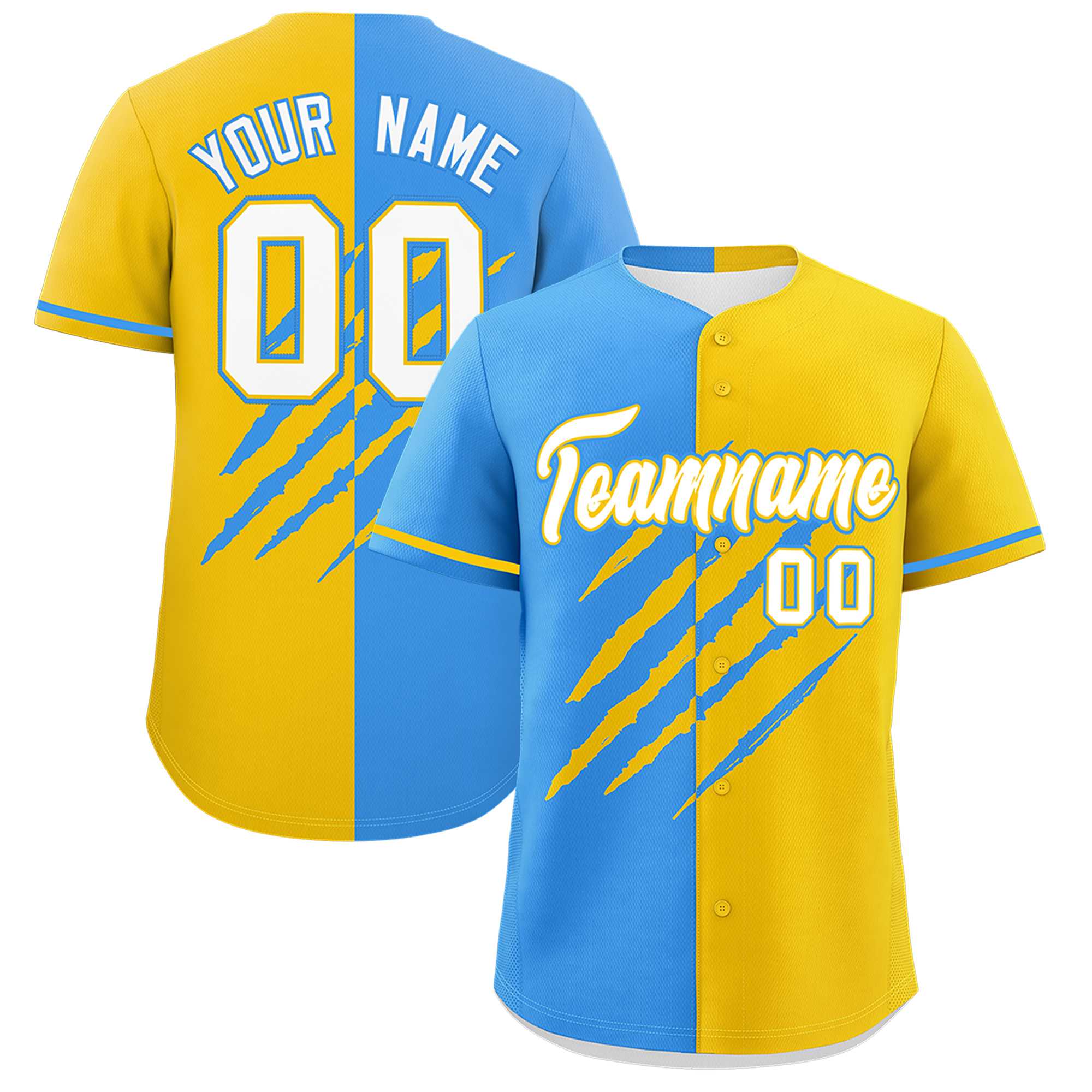 Custom Powder Blue Gold Split Tiger Claw Scratch Pattern Baseball Jersey