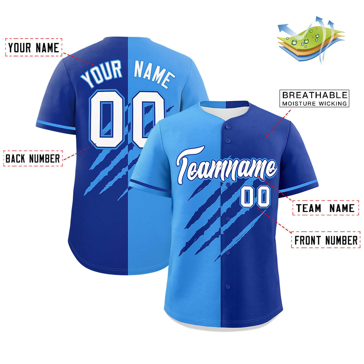 Custom Powder Blue Royal Blue Split Tiger Claw Scratch Pattern Baseball Jersey