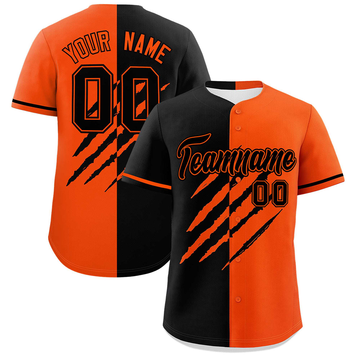 Custom Black Orange Split Tiger Claw Scratch Pattern Baseball Jersey
