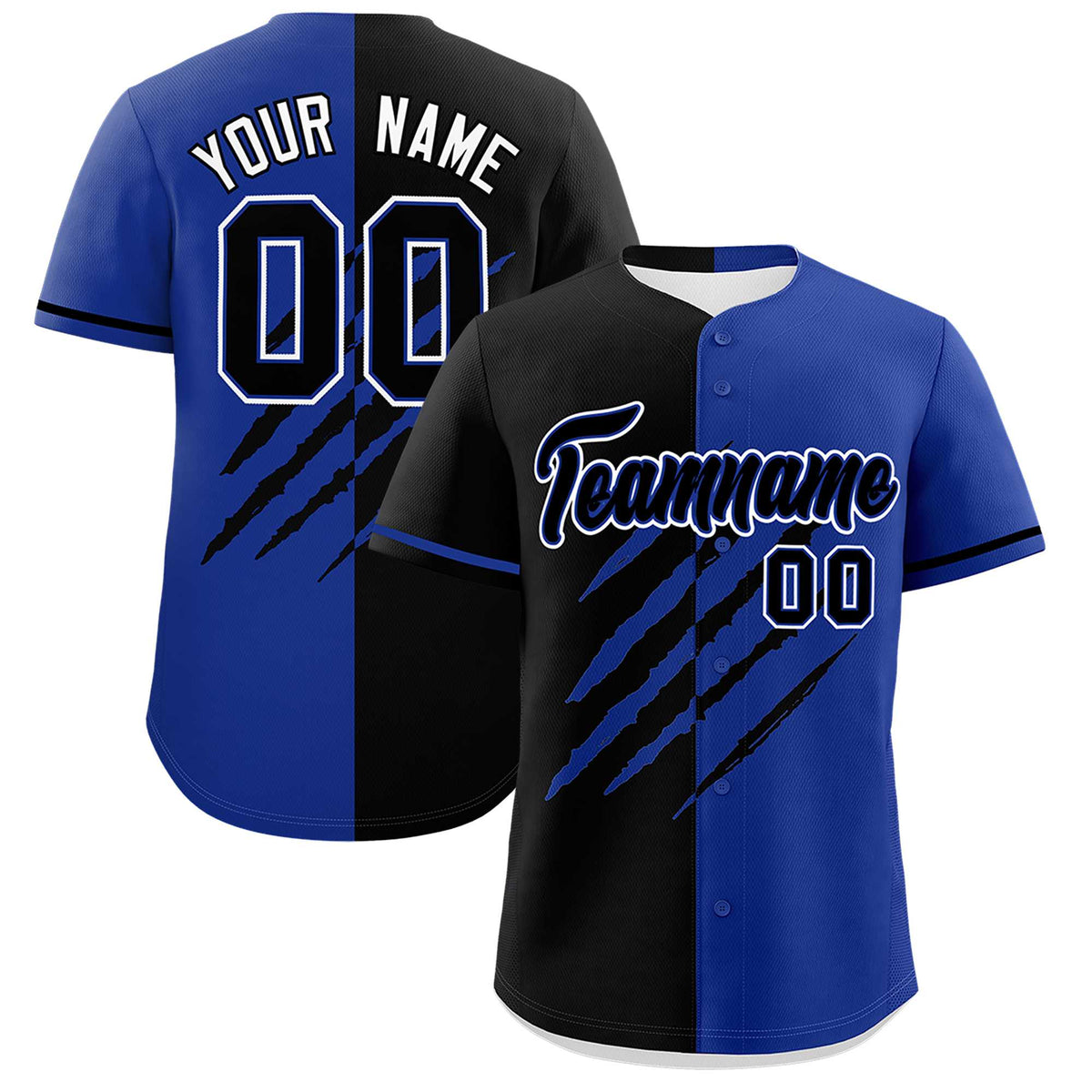 Custom Black Royal Blue Split Tiger Claw Scratch Pattern Baseball Jersey